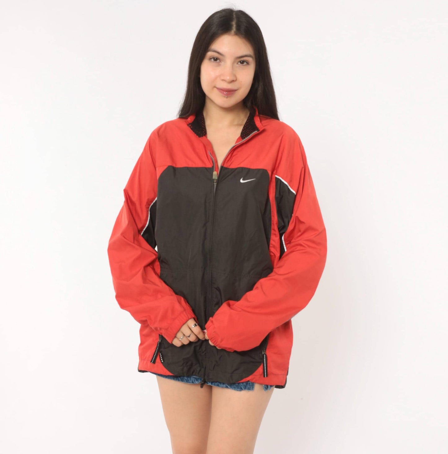 2000s Nike Windbreaker Red Black Color Block Raglan Small S