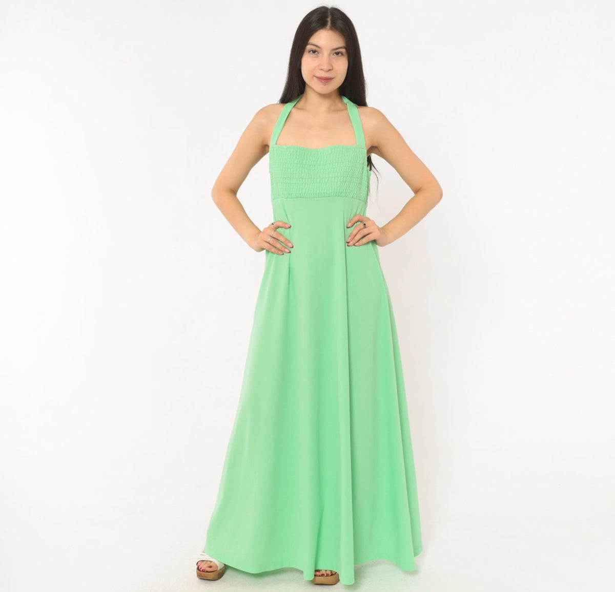 70s Mint Green Halter Maxi Dress Empire Waist Smocked Bodice Open Back Medium