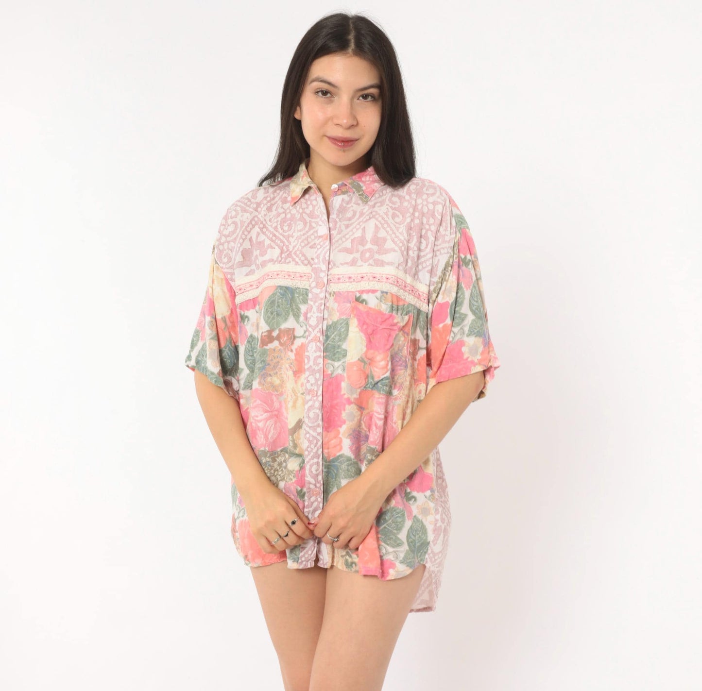 90s Hg Ny Floral Button Up Blouse Pink Cream Lace Trim Large L