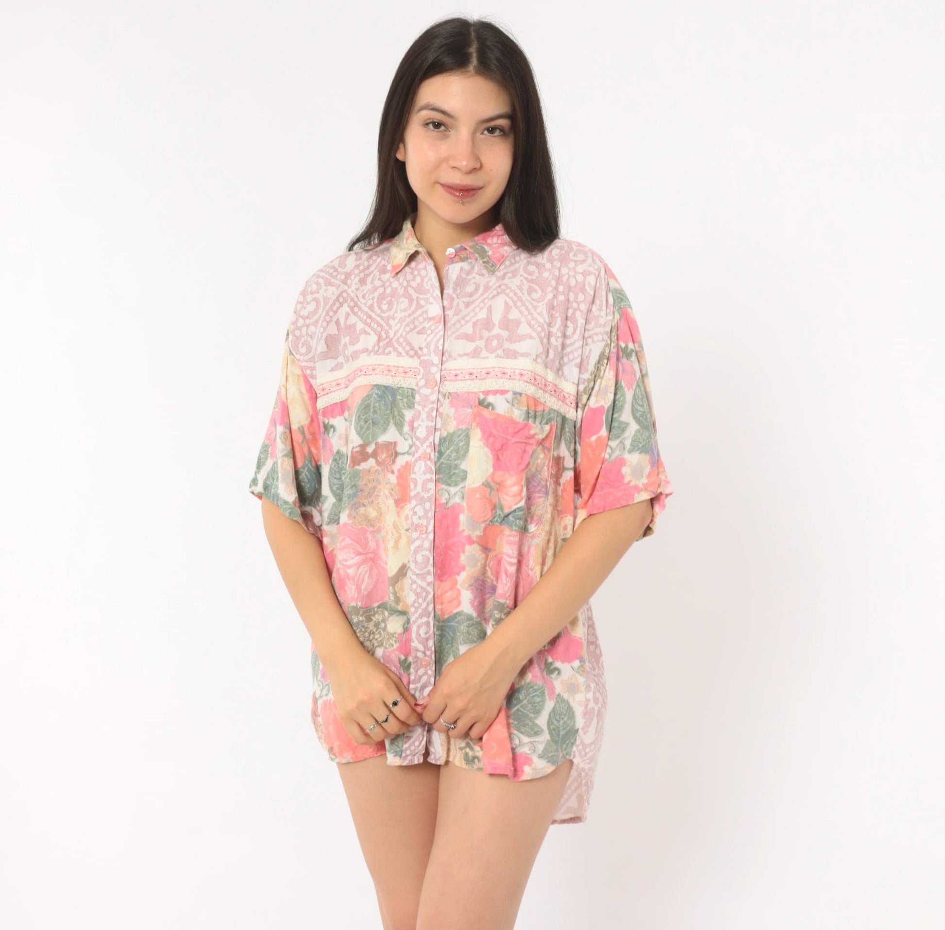 90s Hg Ny Floral Button Up Blouse Pink Cream Lace Trim Large L