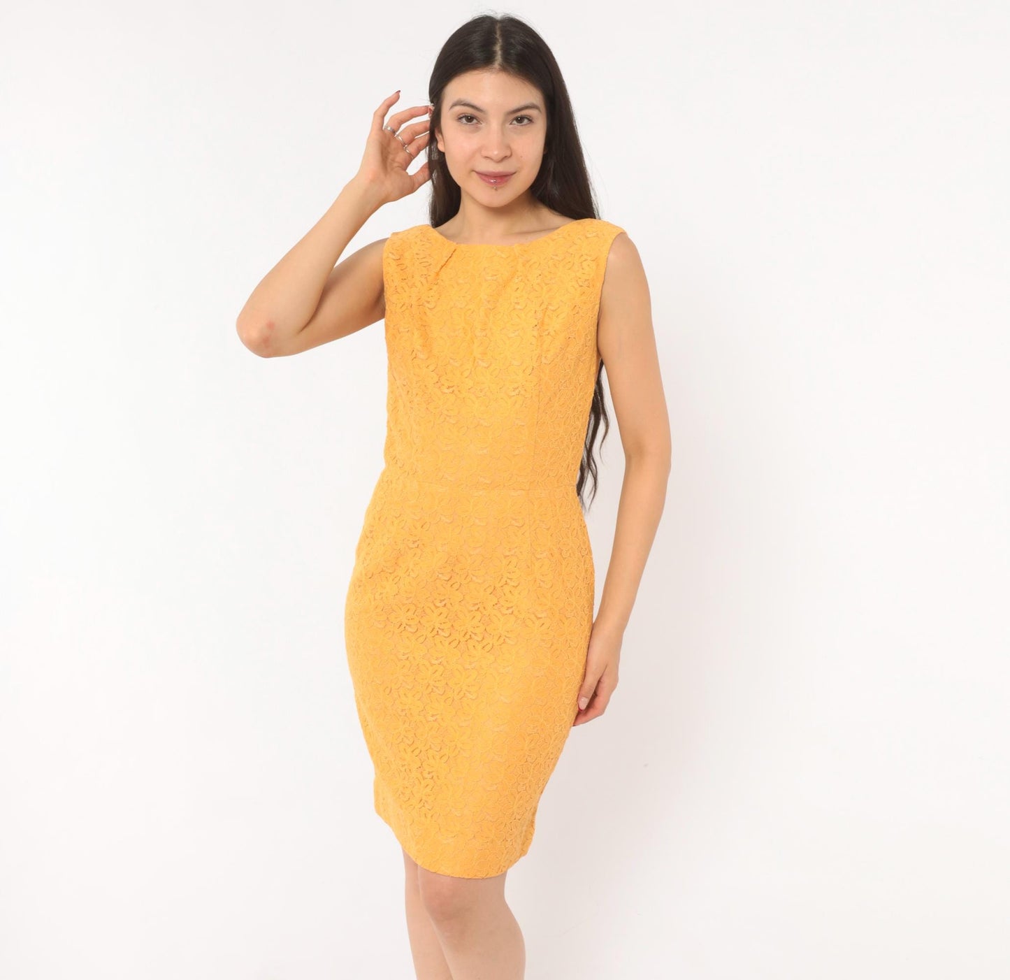 60s Golden Orange Lace Sheath Dress Boat Neck Sleeveless Knee Length Small