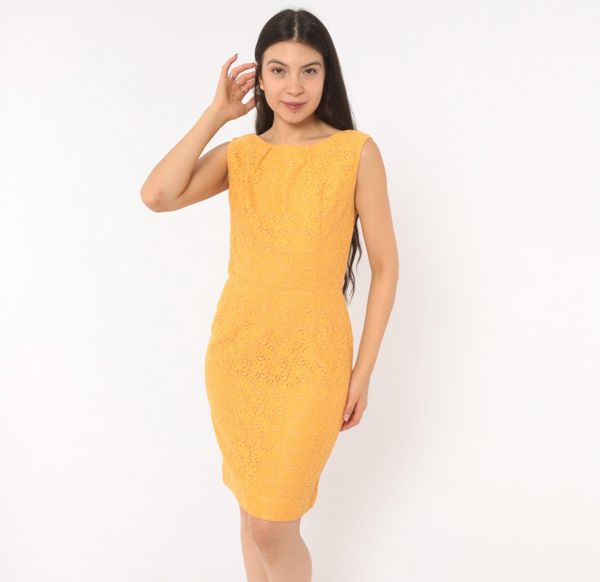 60s Golden Orange Lace Sheath Dress Boat Neck Sleeveless Knee Length Small