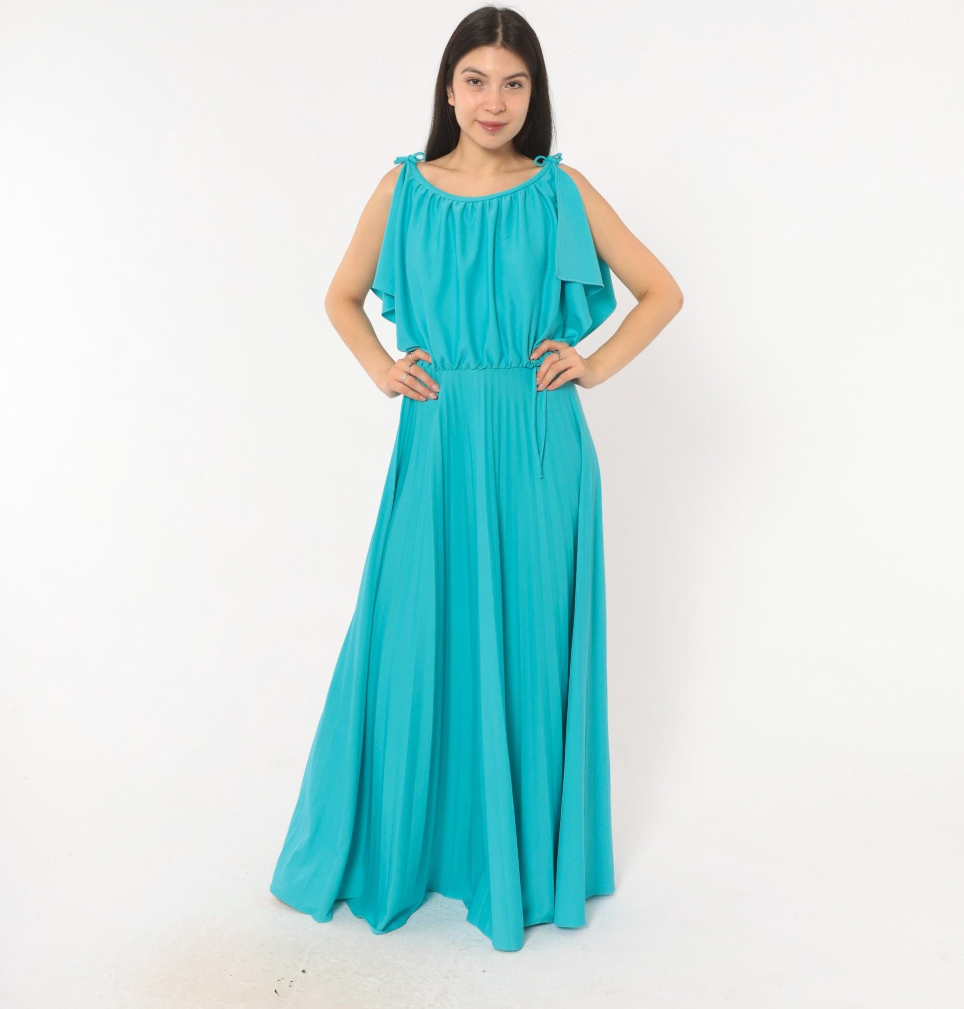70s Turquoise Maxi Dress Cold Shoulder Flutter Sleeve Blouson Bodice Medium