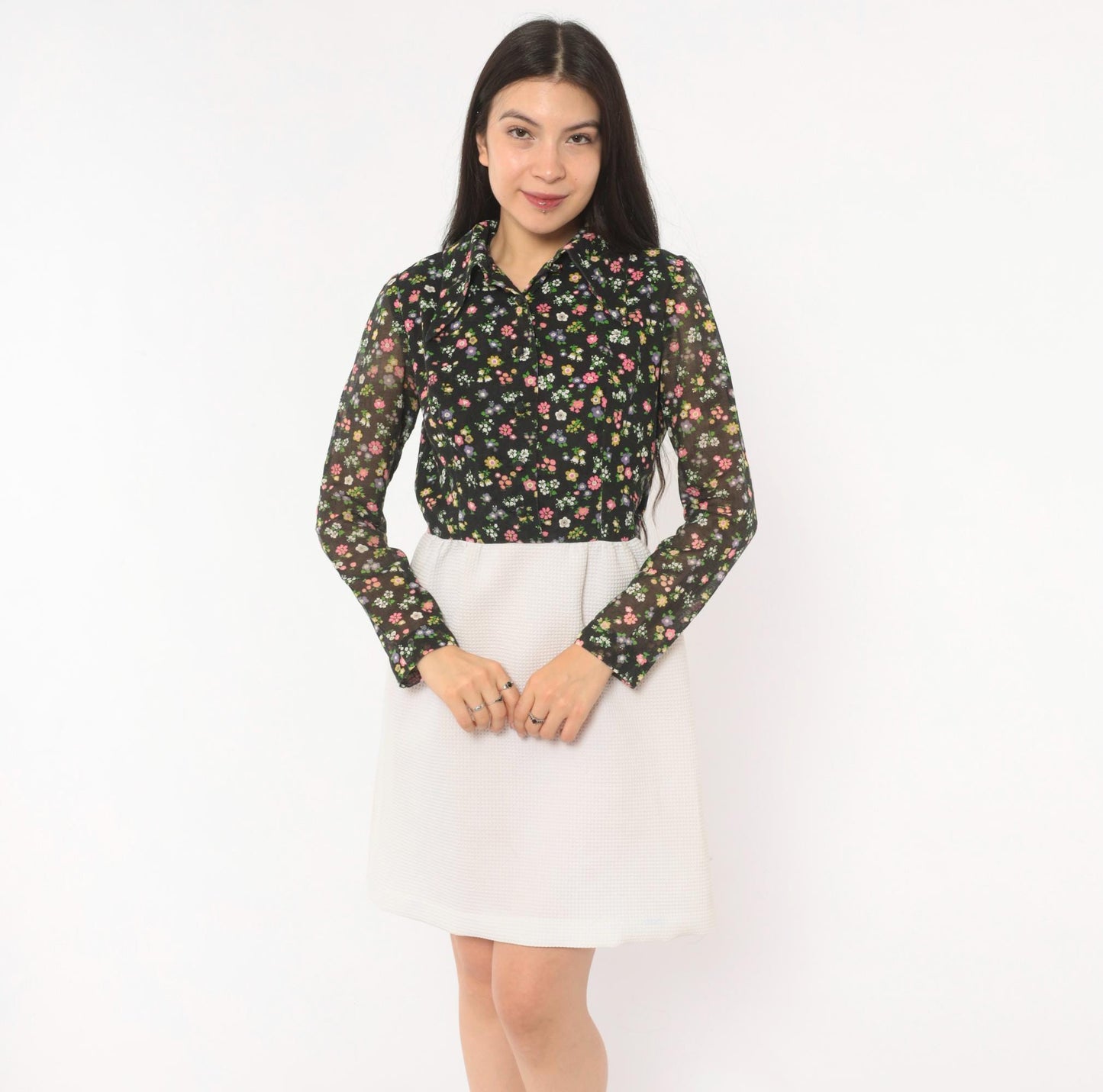 70s Black Floral Two-Tone Shirt Dress White A-Line Knee-Length Small S