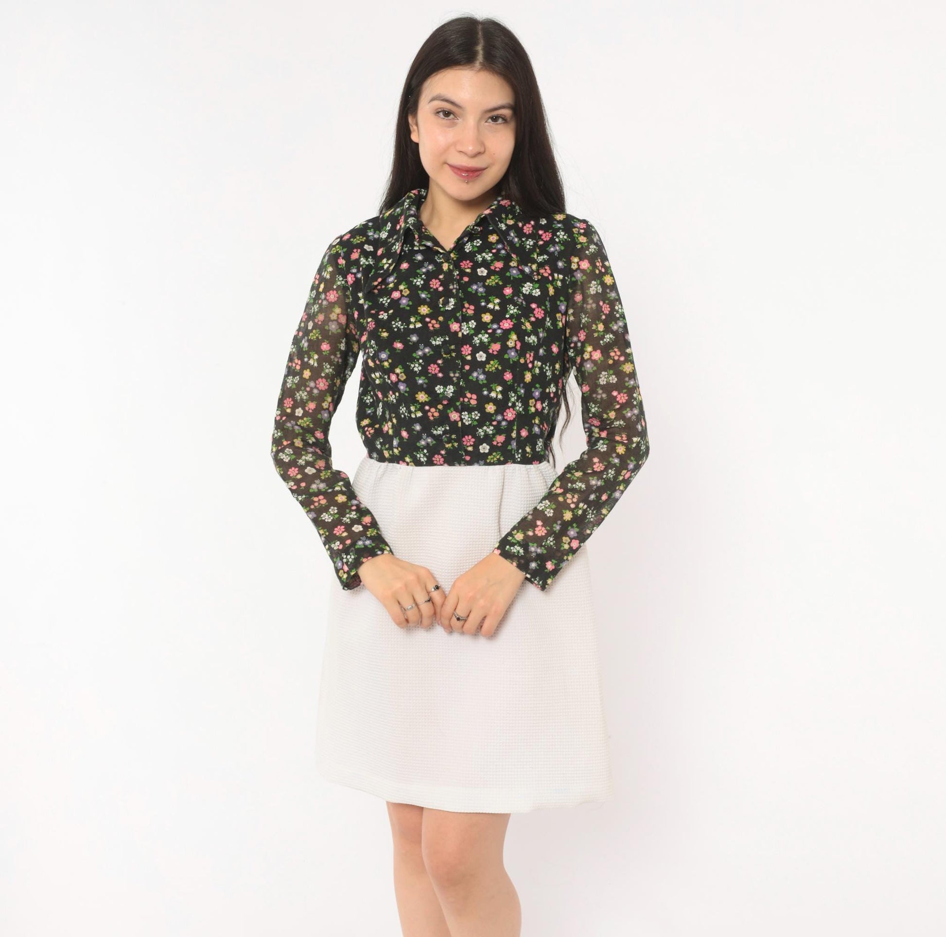 70s Black Floral Two-Tone Shirt Dress White A-Line Knee-Length Small S
