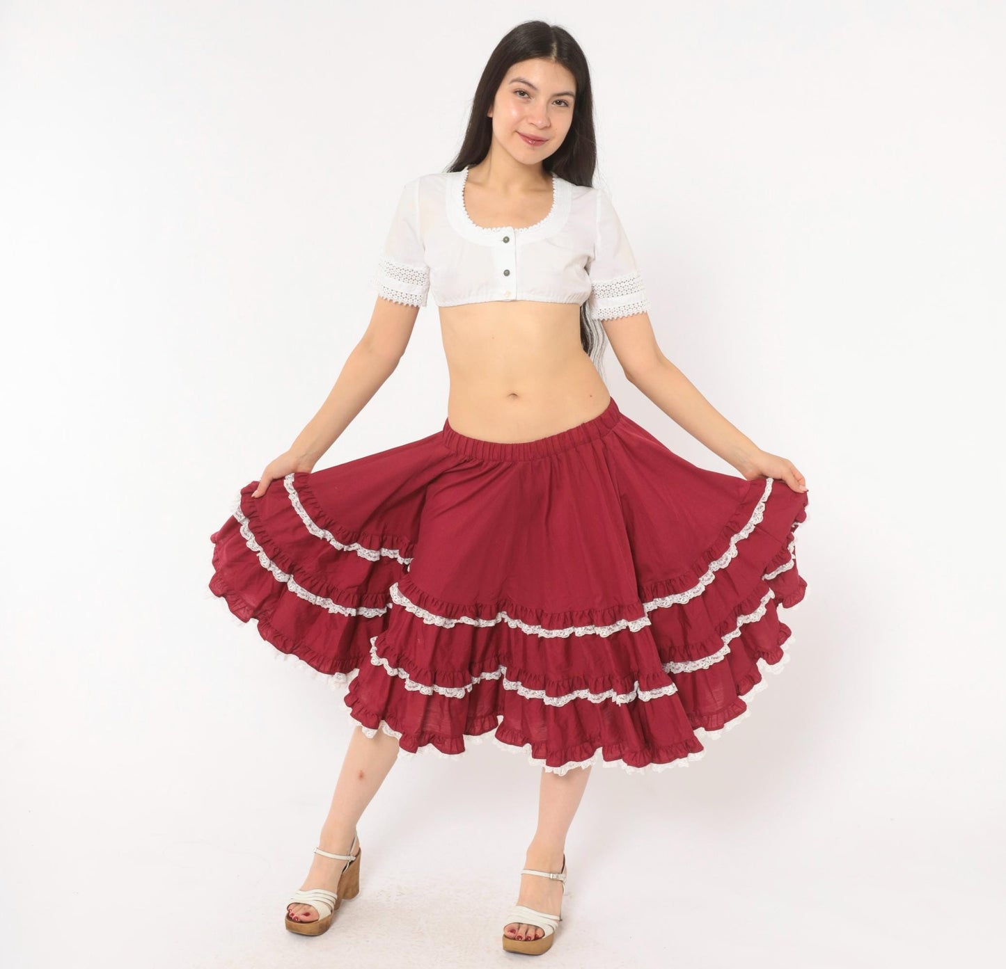 80s Burgundy Tiered Prairie Skirt Cotton Lace Trim Full Circle Medium Large