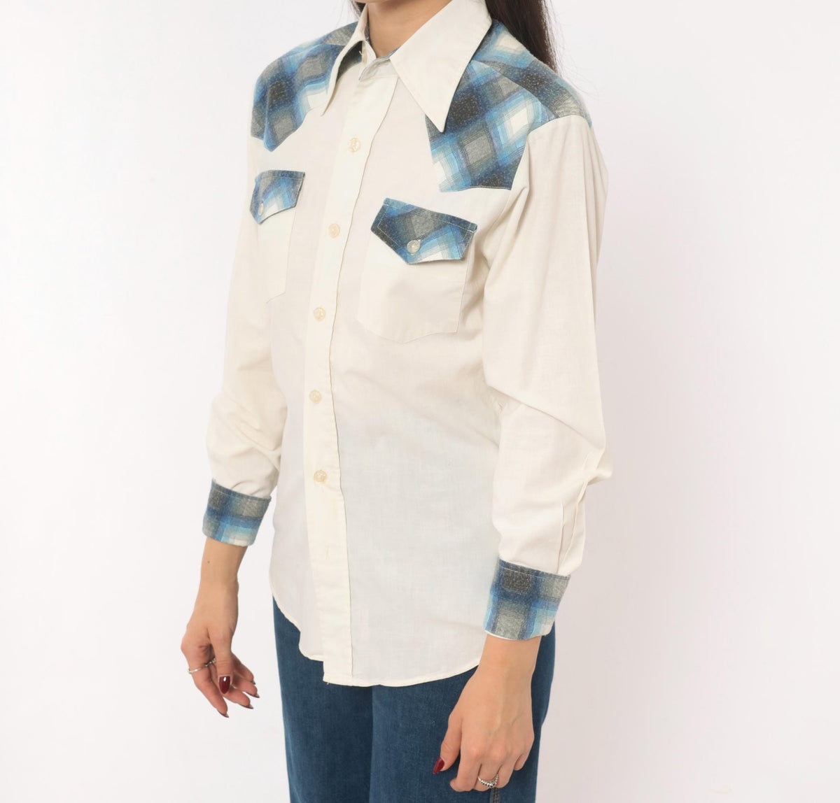 80s Kennington Western Yoke Shirt Blue Plaid Cotton Button-Up Small