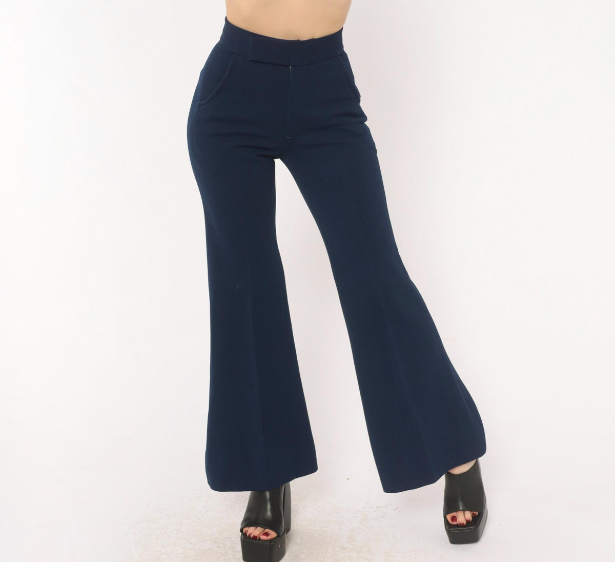 70s Oaxx Navy Bell Bottom Flare Pants High Waist Fitted Hip Extra Small