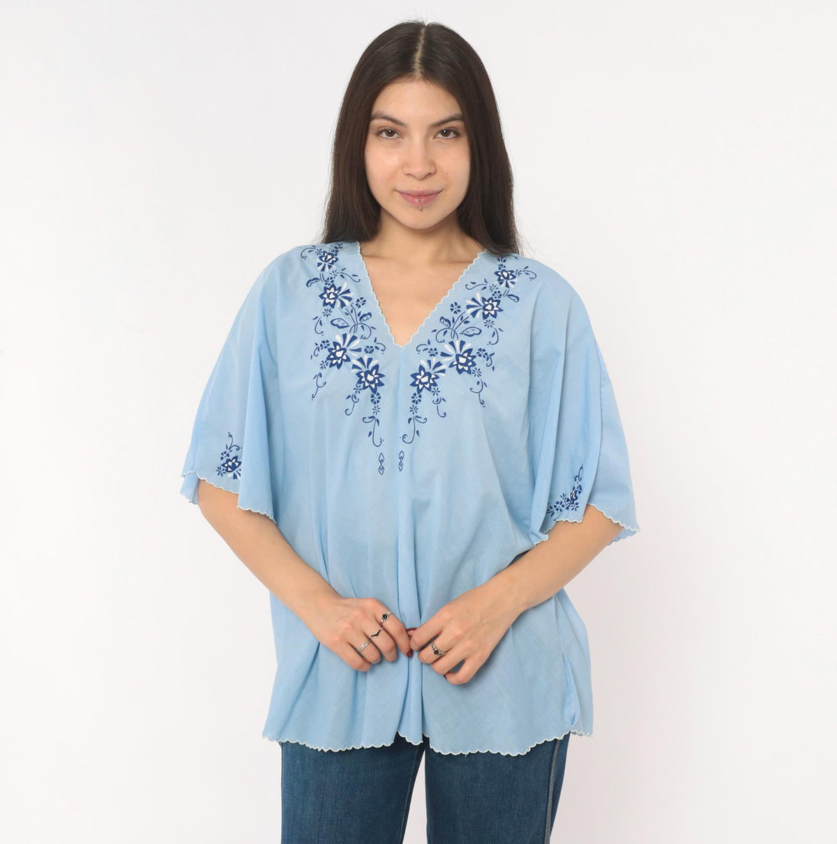 80s Sky Blue Cotton Peasant Blouse Embroidered Floral V Neck Flutter Sleeve Medium Large