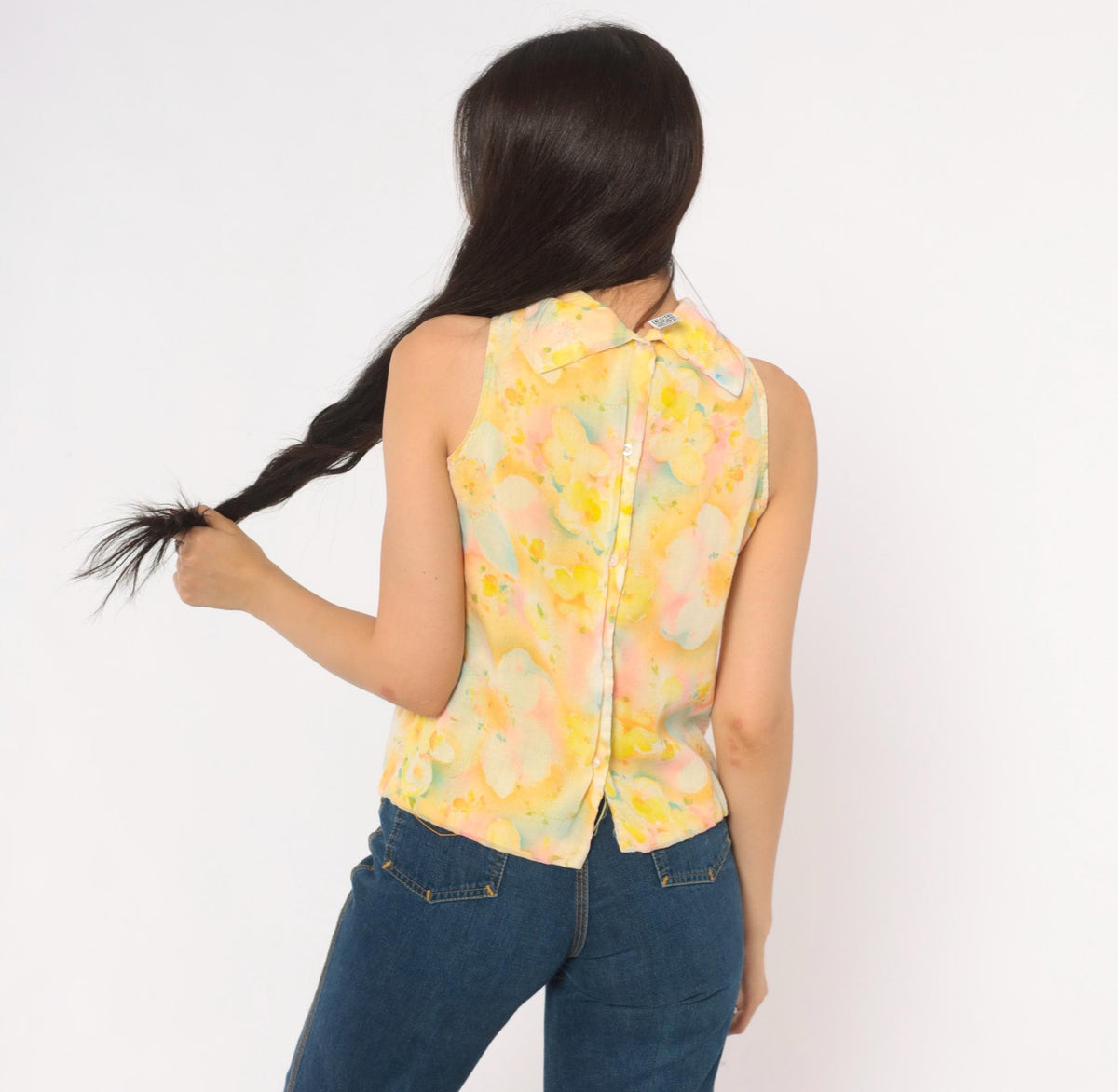 70s Watercolor Floral Sleeveless Blouse Yellow Pink Blue Cotton Mock Neck Extra Small