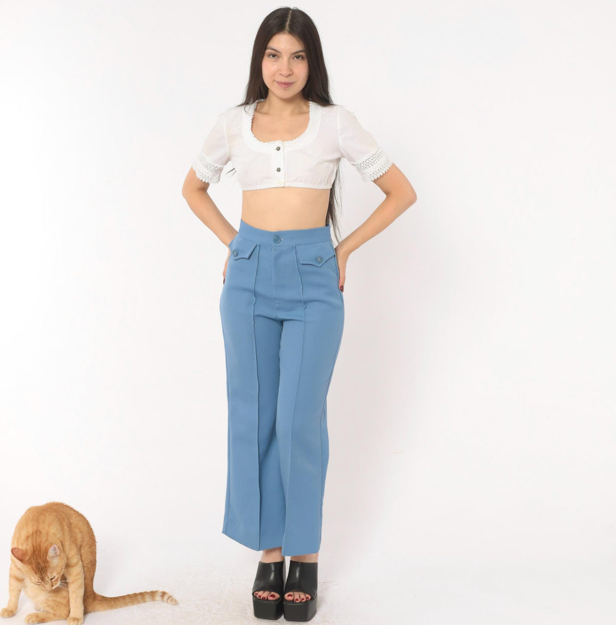 70s Steel Blue High Waisted Wide Leg Flare Trousers Cropped Ankle Extra Small XS
