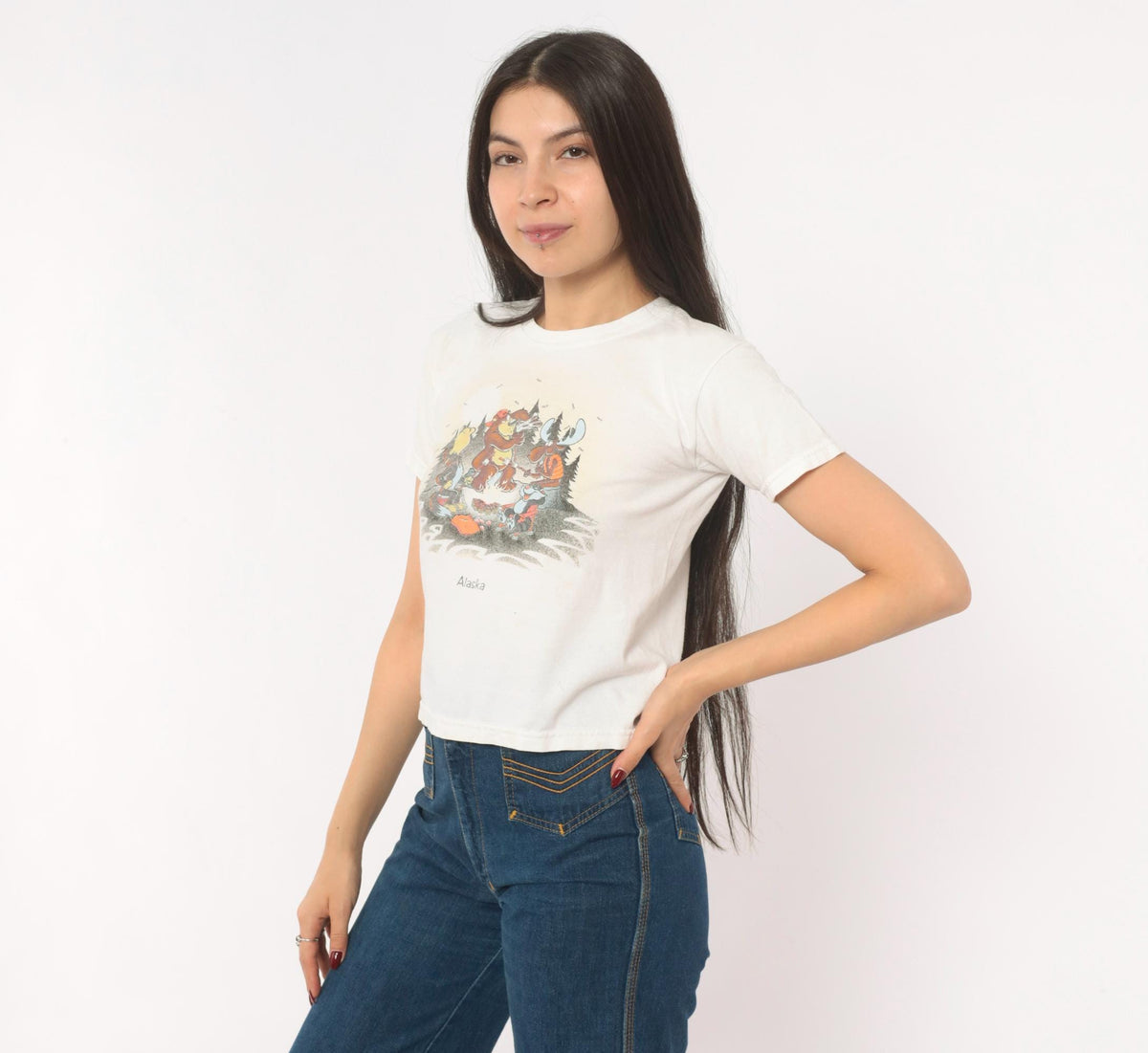 80s Alaska Campfire Animals Graphic Crop Top Gildan Cotton White XS
