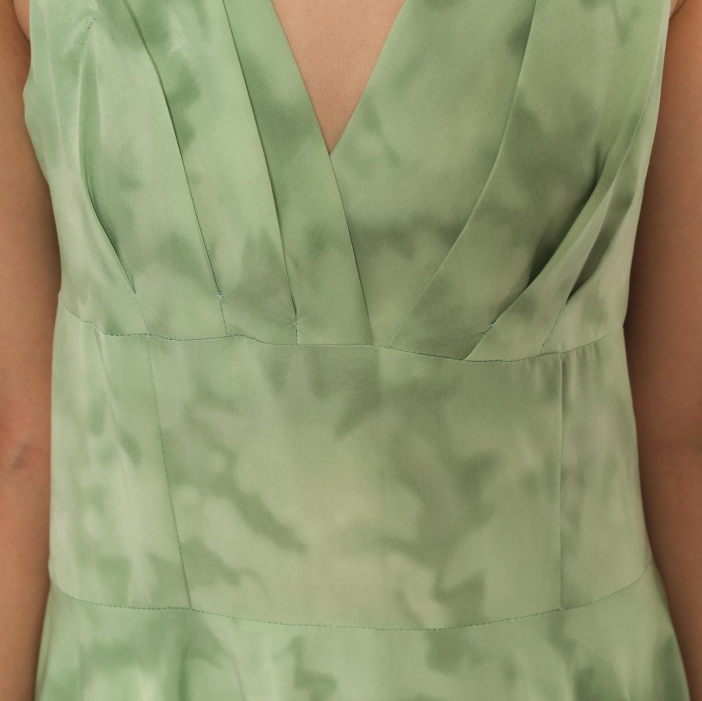 80s Sage Mint Tie Dye Sleeveless V-Neck Dress Pleated Knee Length Large