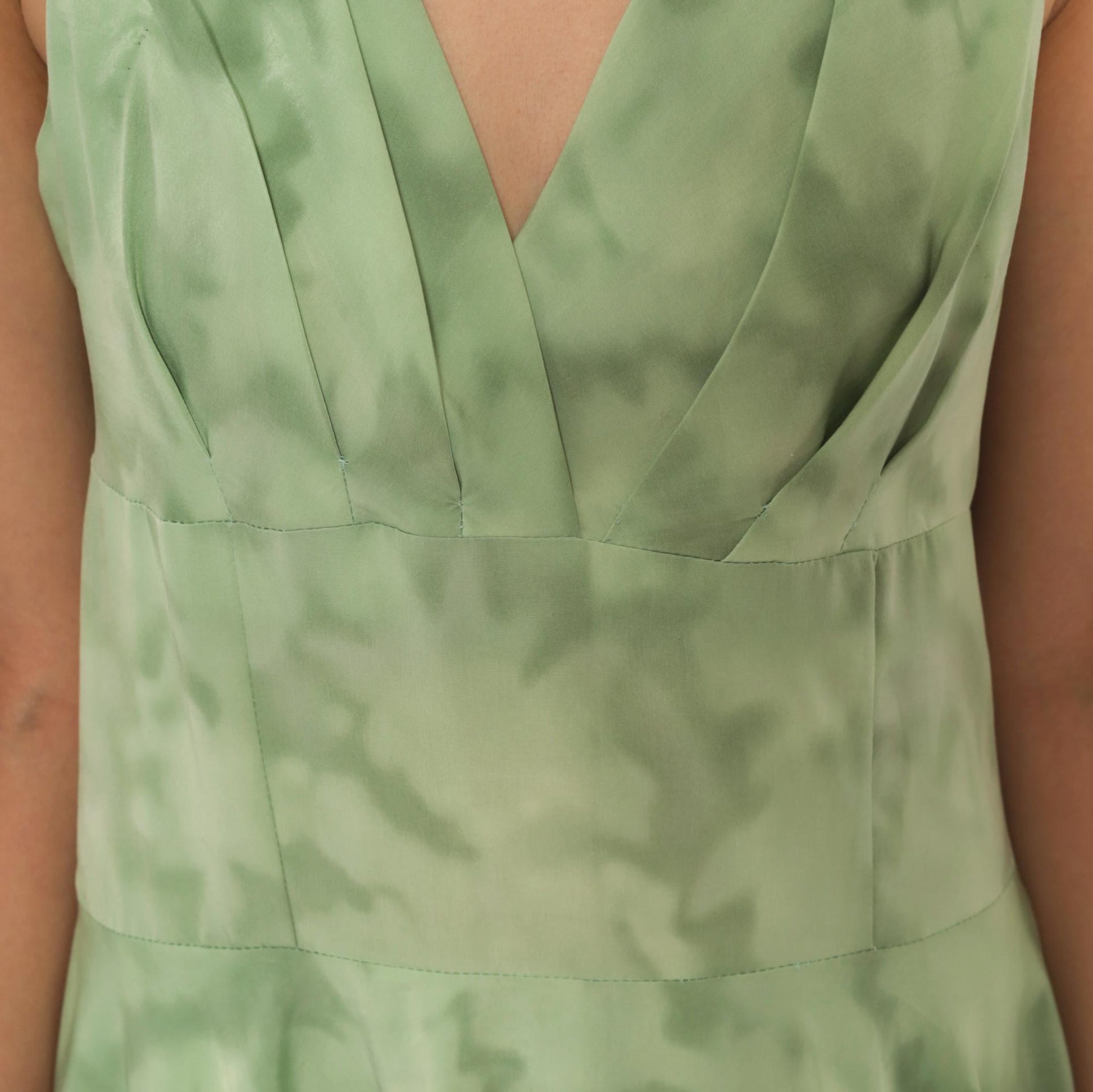 80s Sage Mint Tie Dye Sleeveless V-Neck Dress Pleated Knee Length Large
