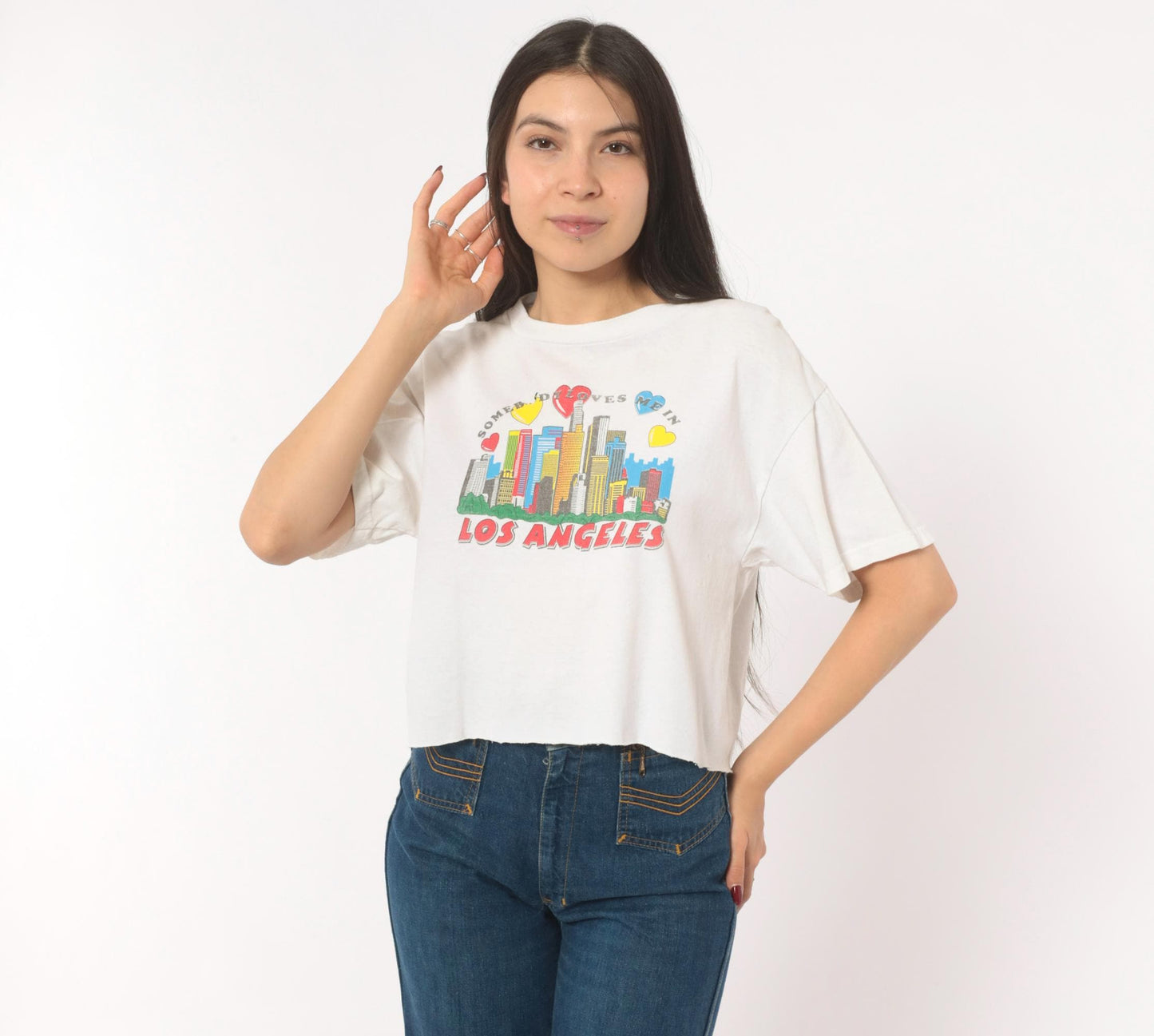 2000s Delta Crop Tee Los Angeles Skyline Hearts White Small