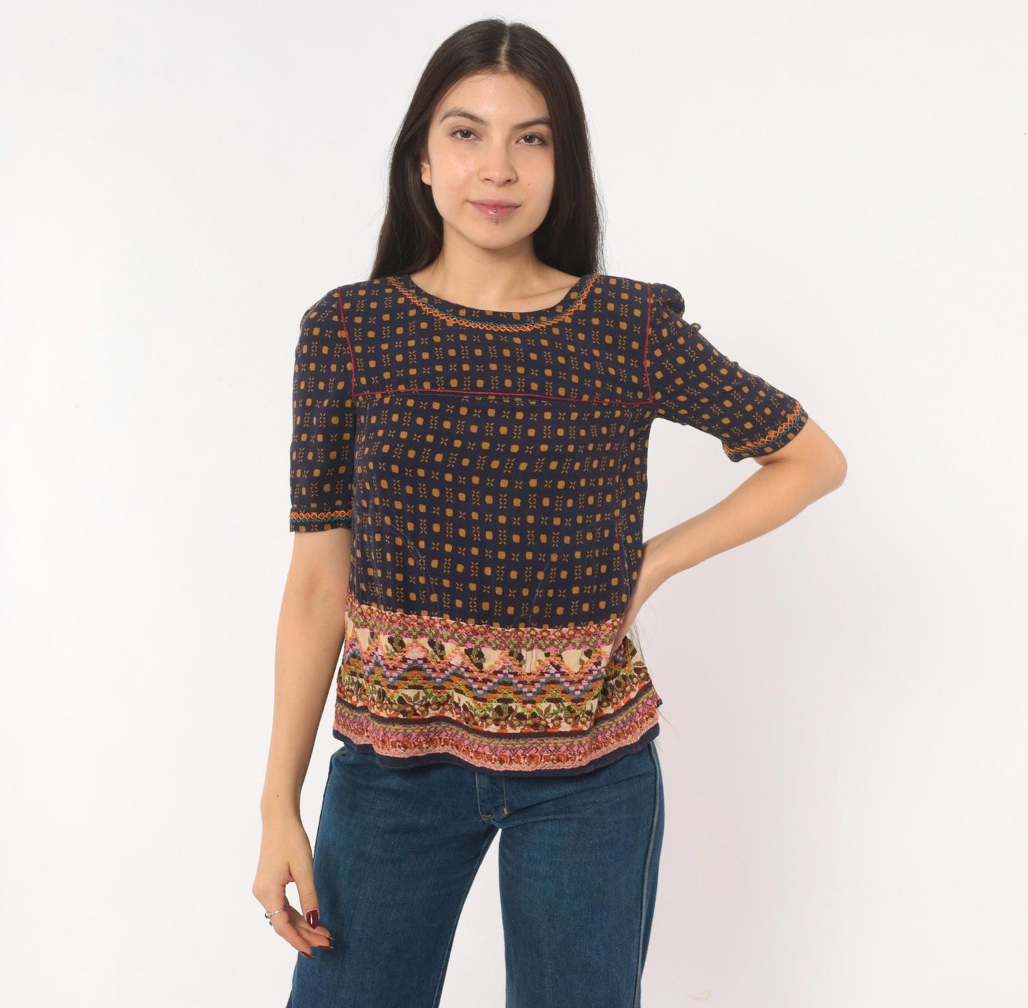 Y2K Holding Horses Embroidered Folk Art Blouse Tan Navy Geometric Cross Stitch Extra Small