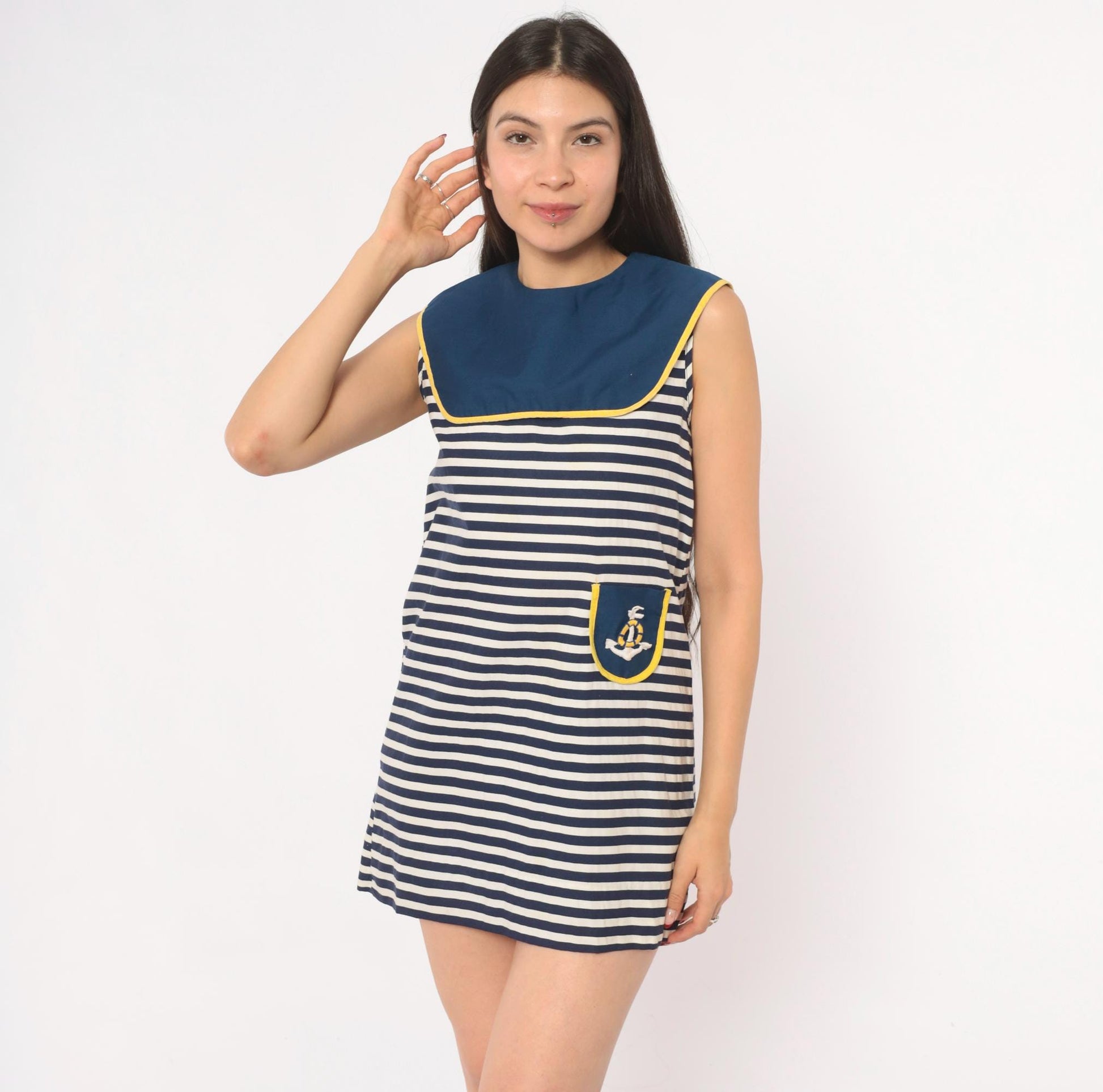 60s Nautical Mini Sailor Dress Navy White Striped Cotton Anchor Embroidered XS