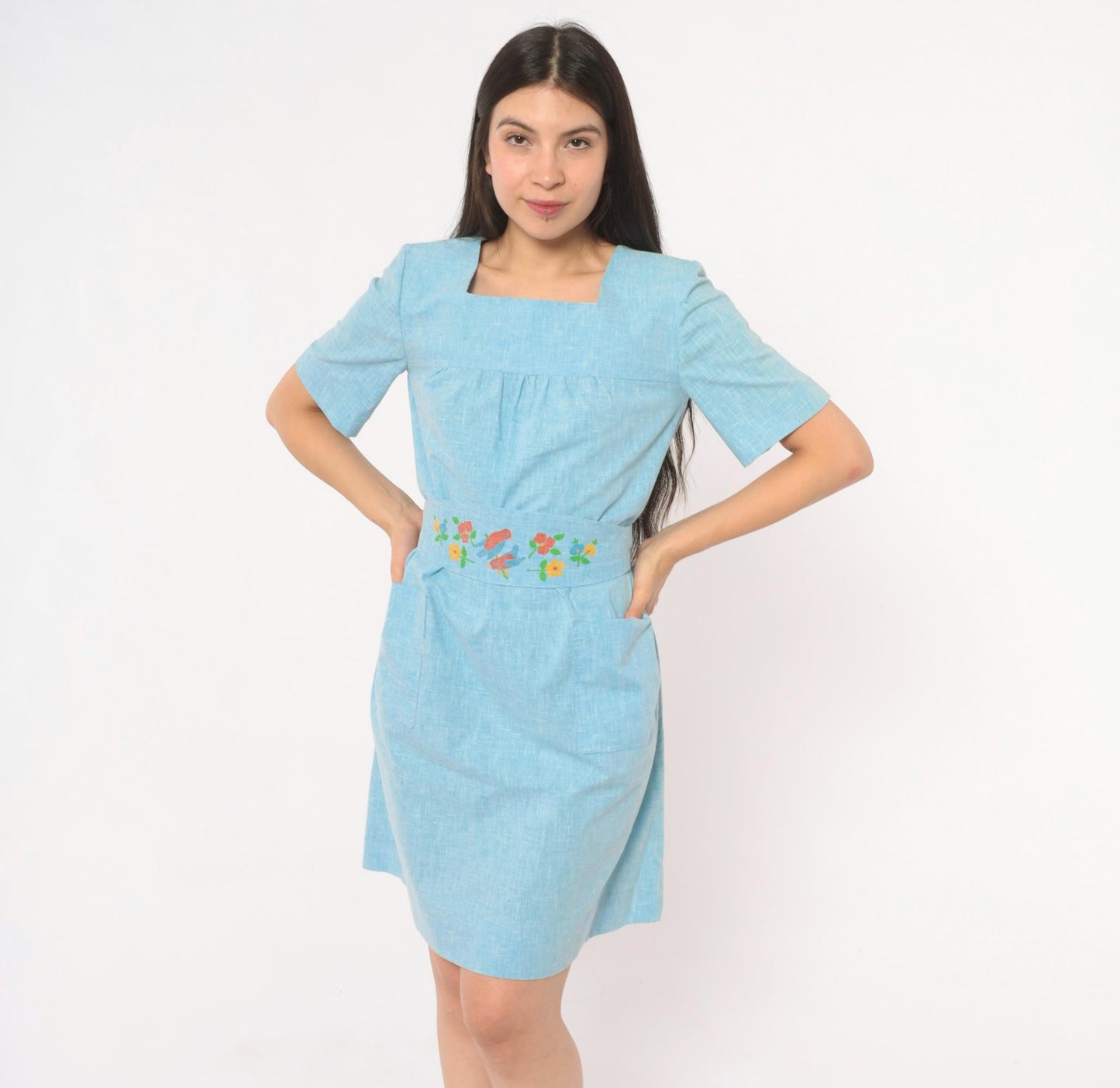 70s Sky Blue Cotton Dress Square Neck Puff Sleeve Bird Floral Print Small