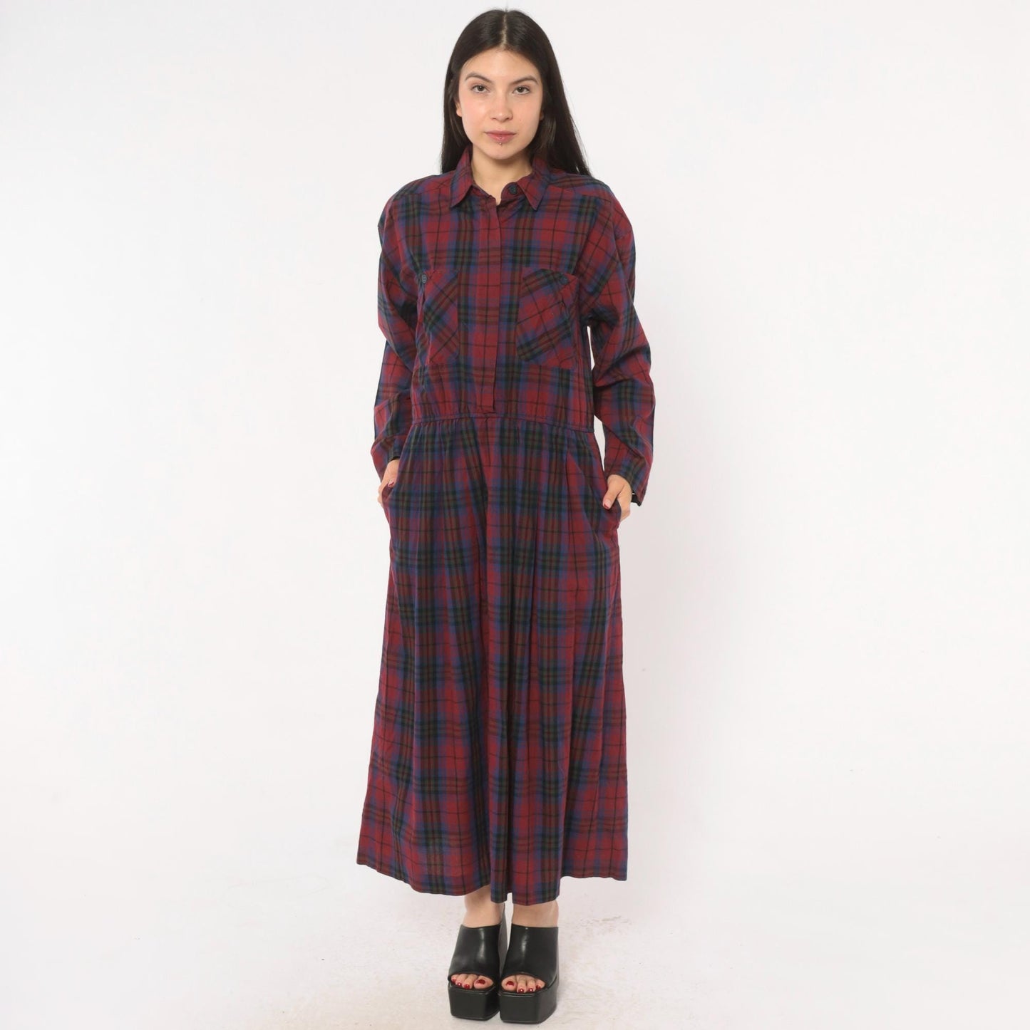 80s Dépèche Mode Plaid Maxi Dress Burgundy Navy Cotton Shirt Collar Medium