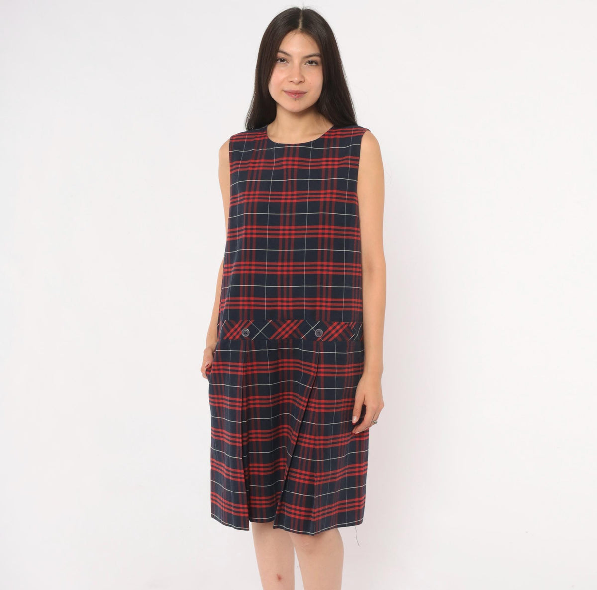 80s Fontaine Apparel Navy Red Tartan Plaid Drop Waist Dress Cotton Medium M