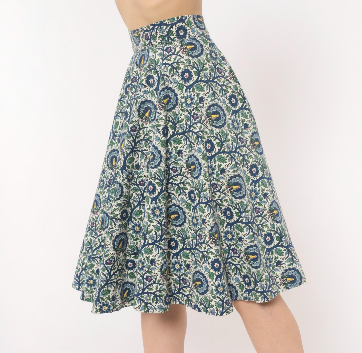 1950s Peacock Bird Circle Skirt Cotton Floral High Waist Blue Ivory Extra Small XS
