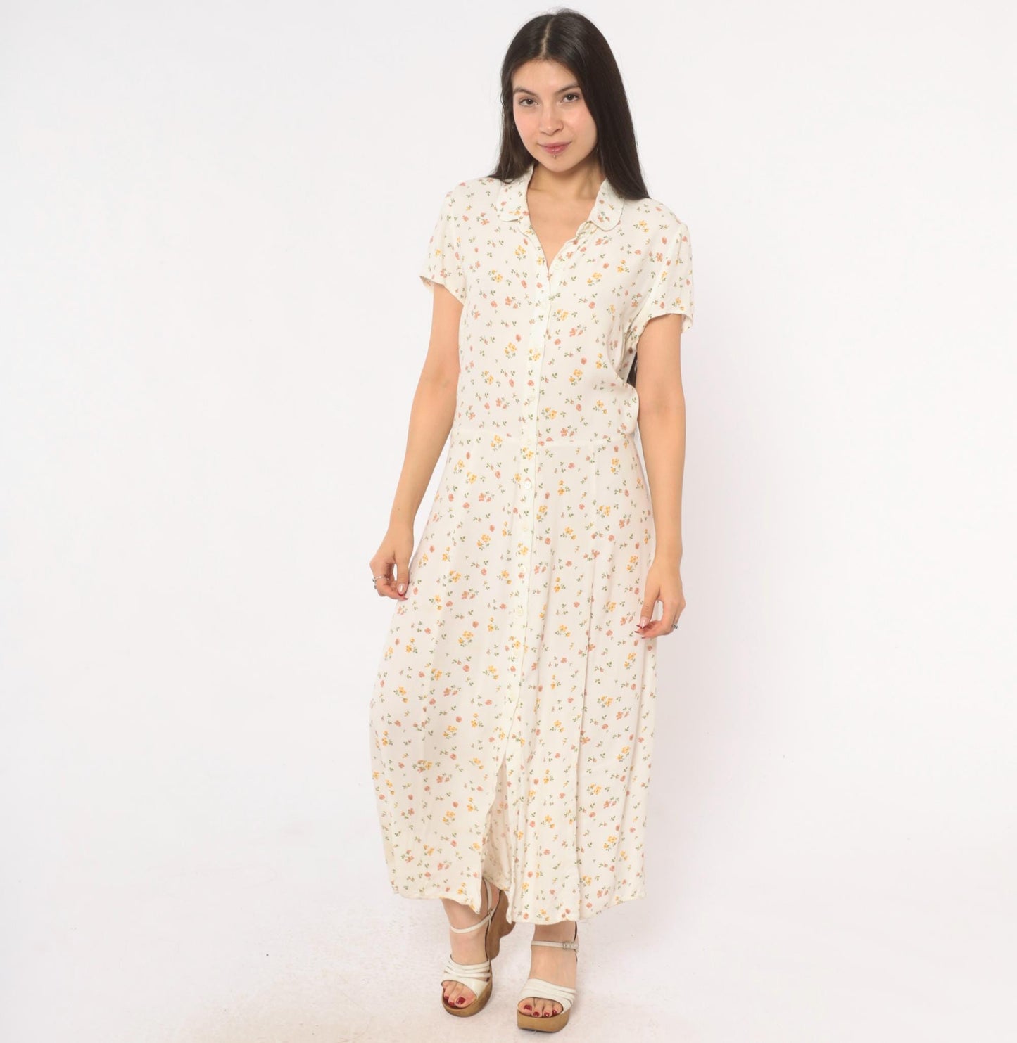 Reformation Ditsy Floral Maxi Dress Cream Pink Button Front Collared Large