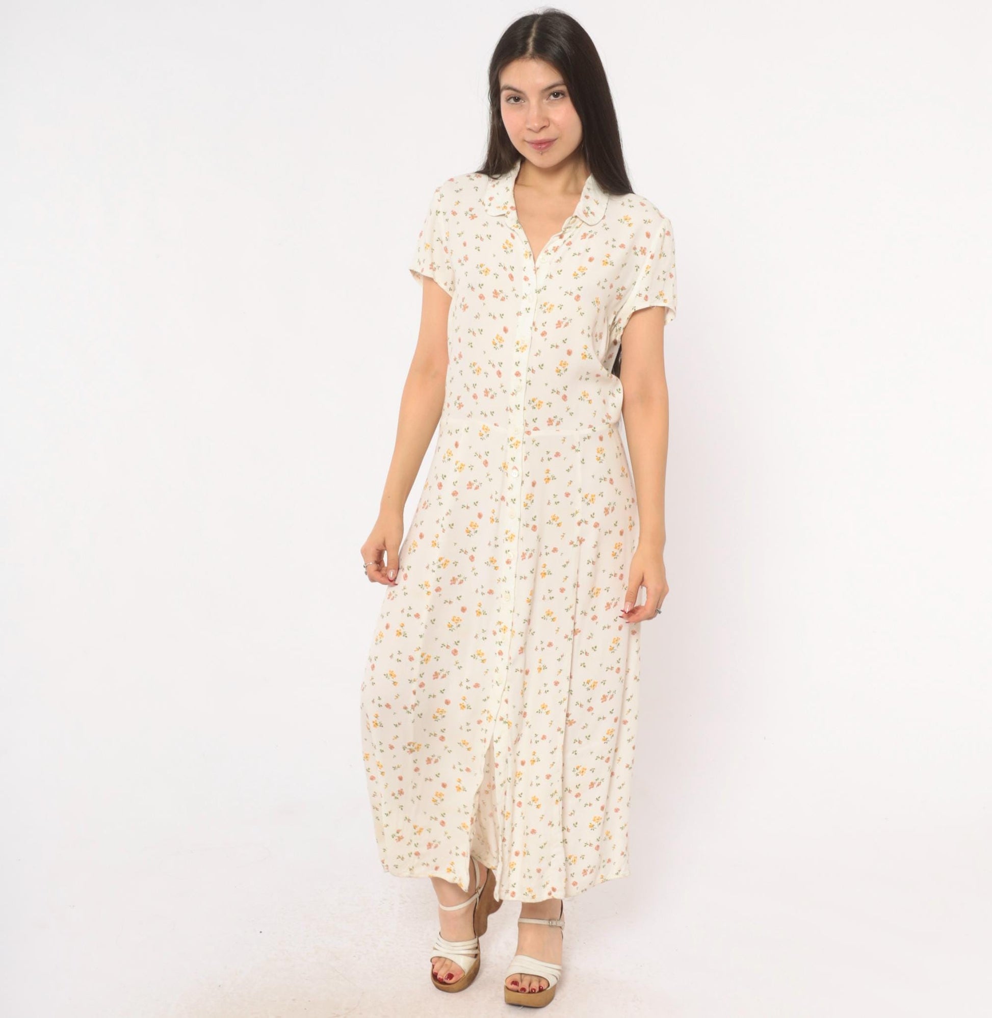 Reformation Ditsy Floral Maxi Dress Cream Pink Button Front Collared Large