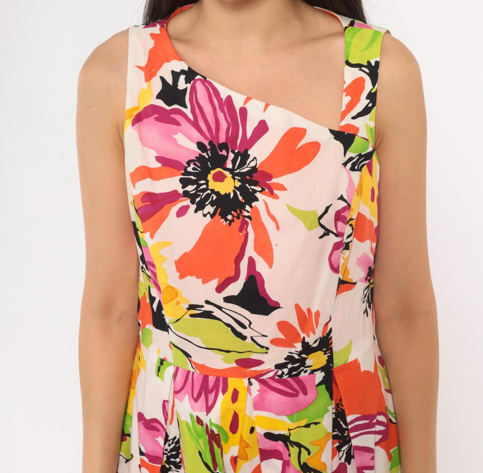 2000s R & K Originals Floral Sundress Asymmetric Neckline Pleated Knee-Length Medium M