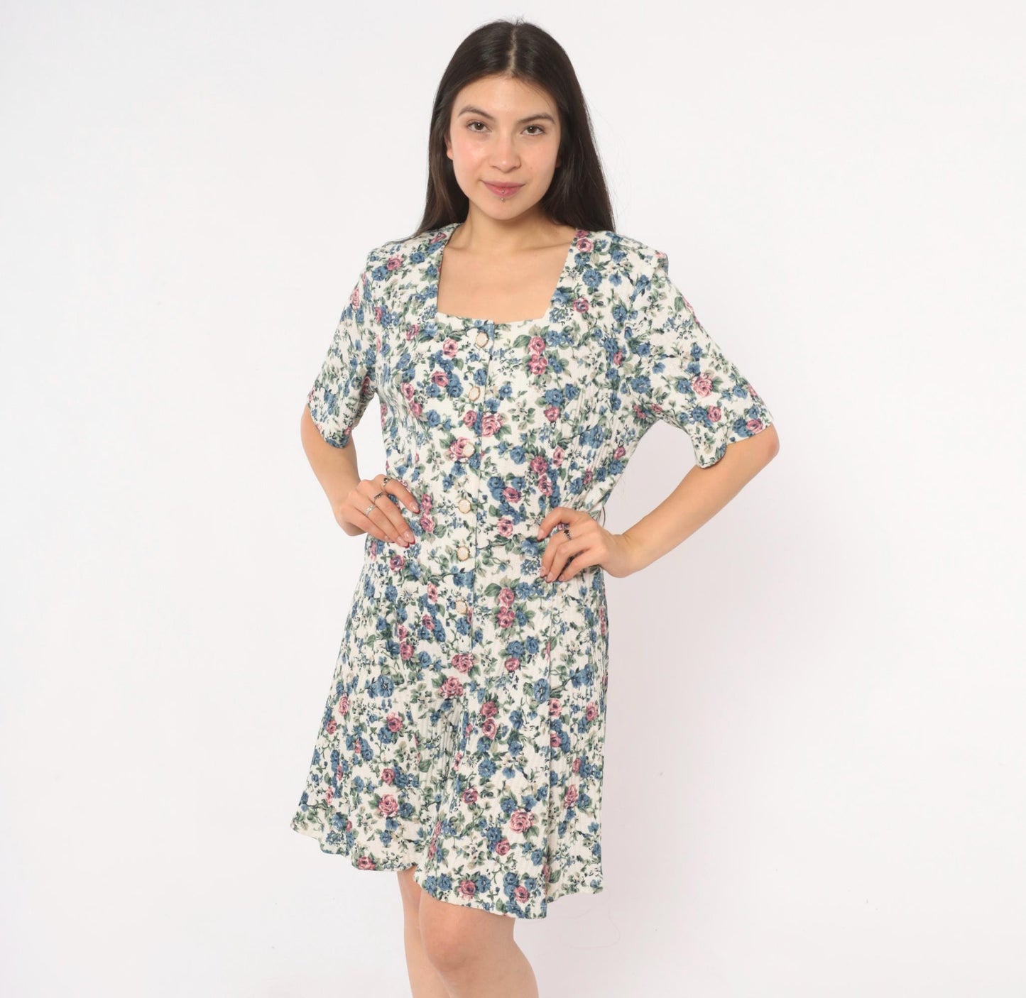 90s Floral Button Front Romper Square Neck Blue Pink Rose Ivory Medium M