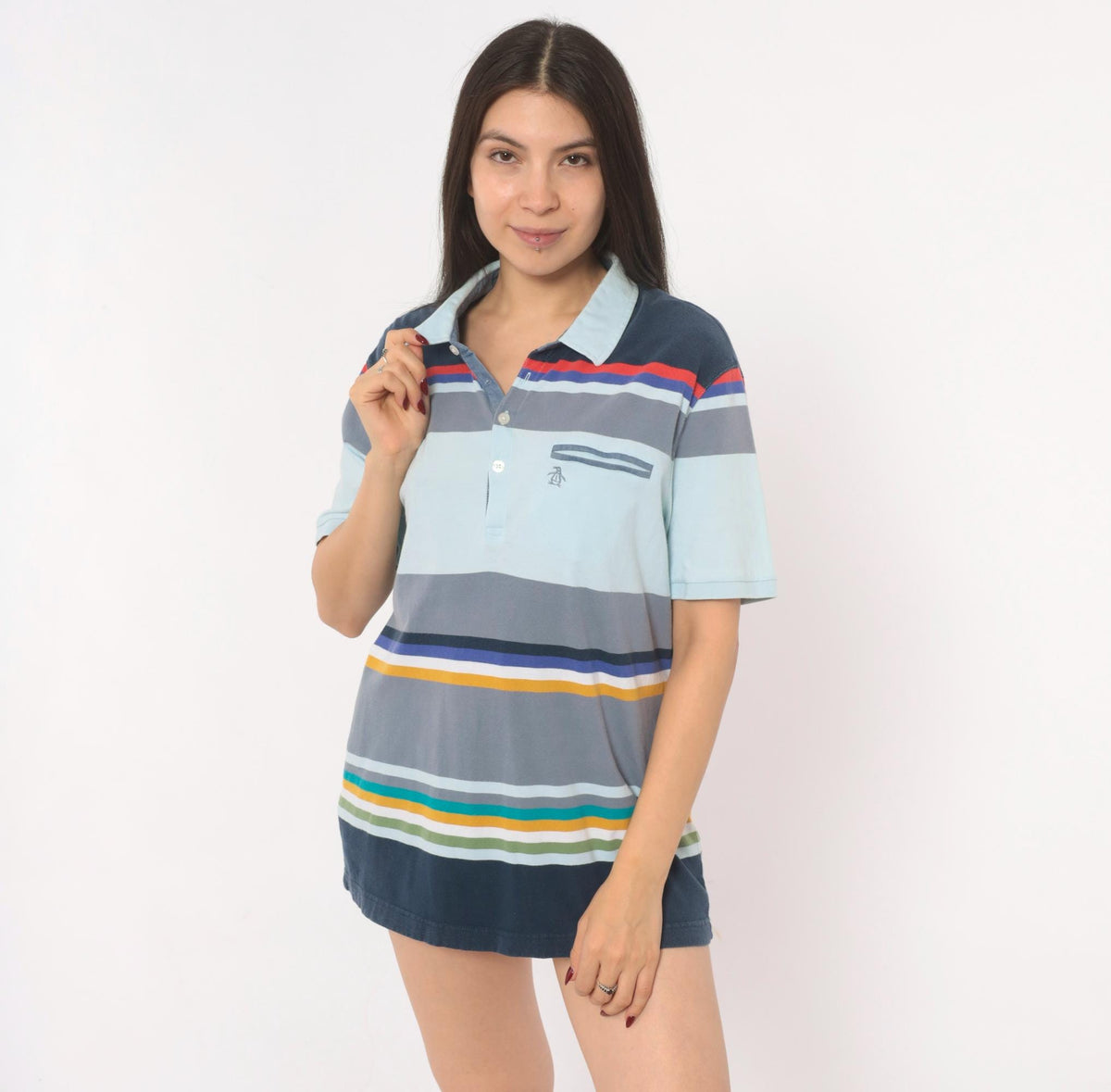 Y2K Penguin Striped Polo Cotton Collared Shirt Multicolor Large L