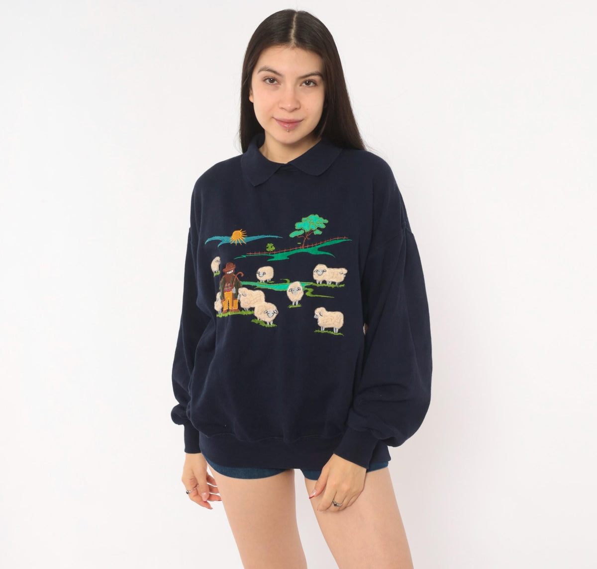80s Tulchan Navy Collared Sweatshirt Embroidered Sheep Pastoral Scene Large L