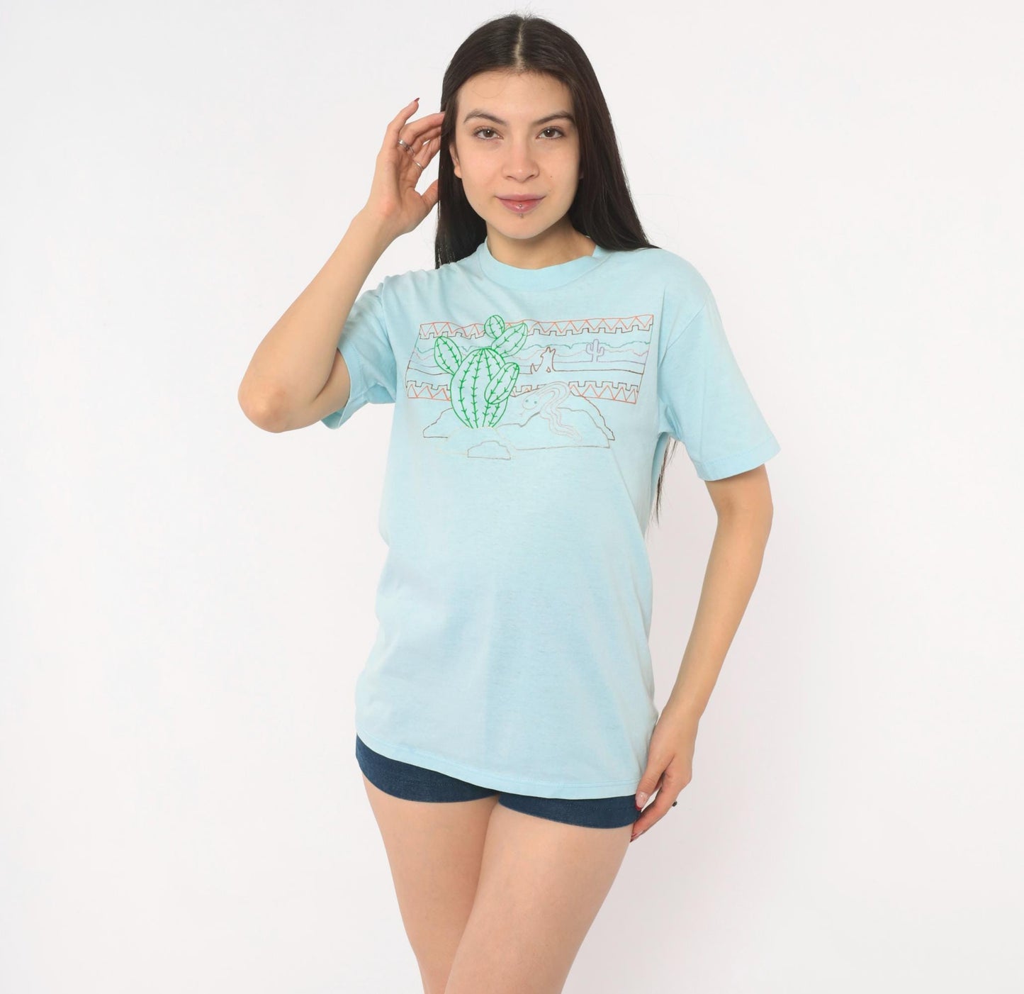 80s Sunbelt Sportswear Desert Cactus Snake Graphic Tee Light Blue Small