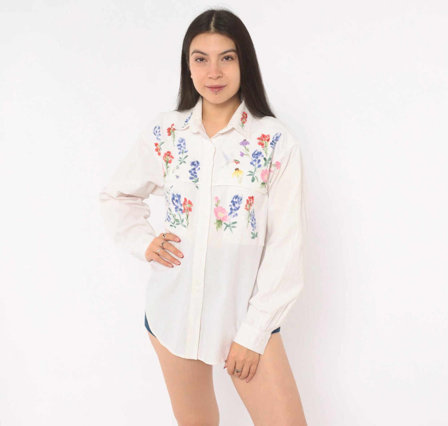 90s Ol' Paint Hand-Painted Wildflower Hummingbird White Cotton Button-Up Medium