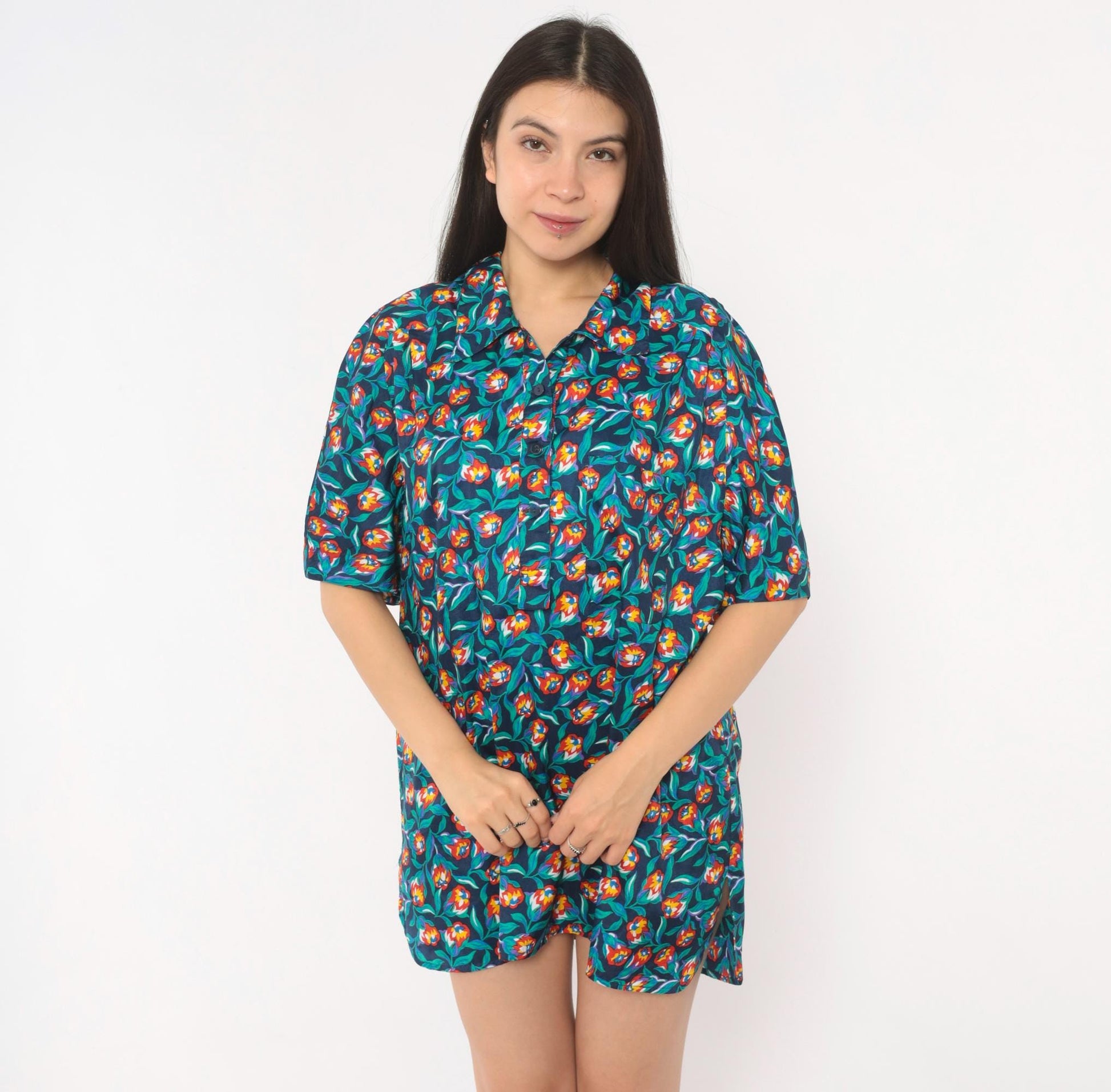 80s Josephine Floral Print Shirt Navy Tulip Blouse Collared Large L