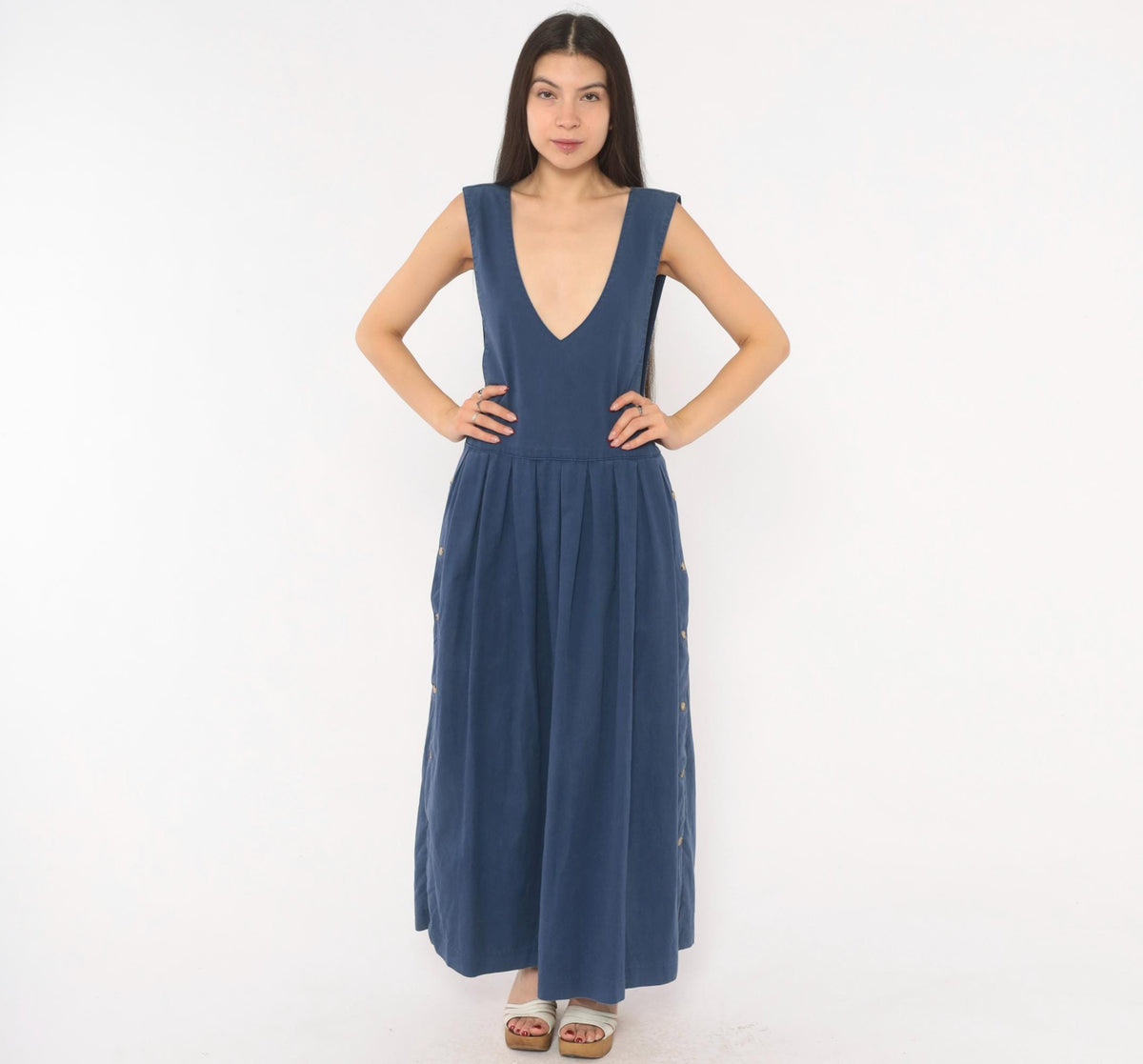 80s Fenwick Navy Cotton Jumper Dress Deep V Maxi Pleated Medium M