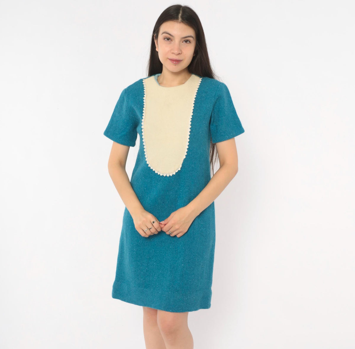 1960s Teal Wool Shift Dress Cream Bib Panel Lace Trim Knee Length Small