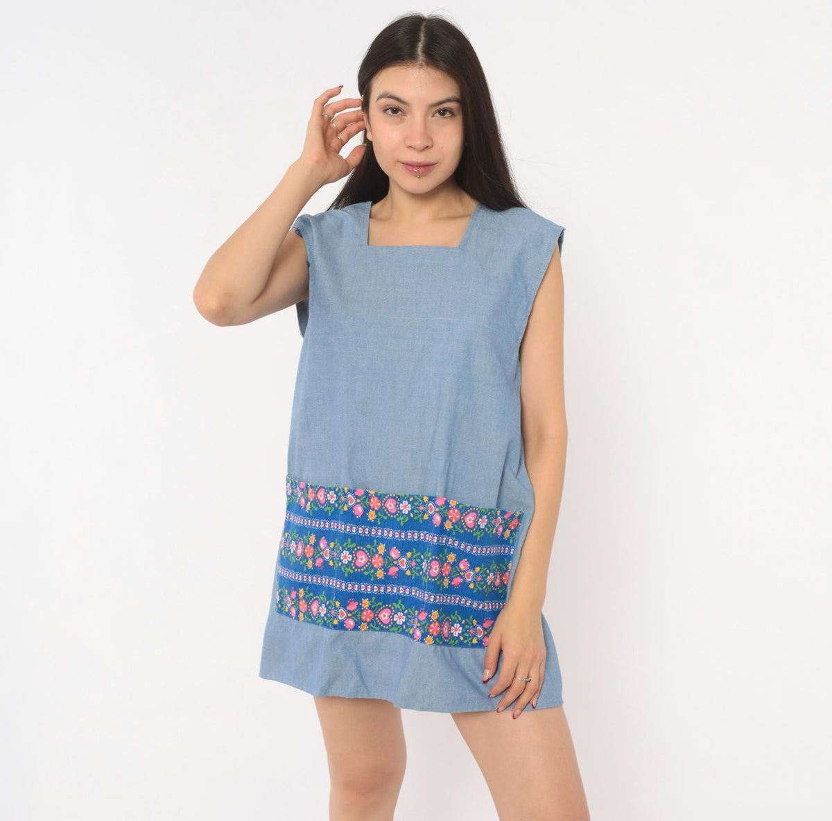 70s Light Blue Chambray Tunic Apron Dress Floral Print Open Back Small