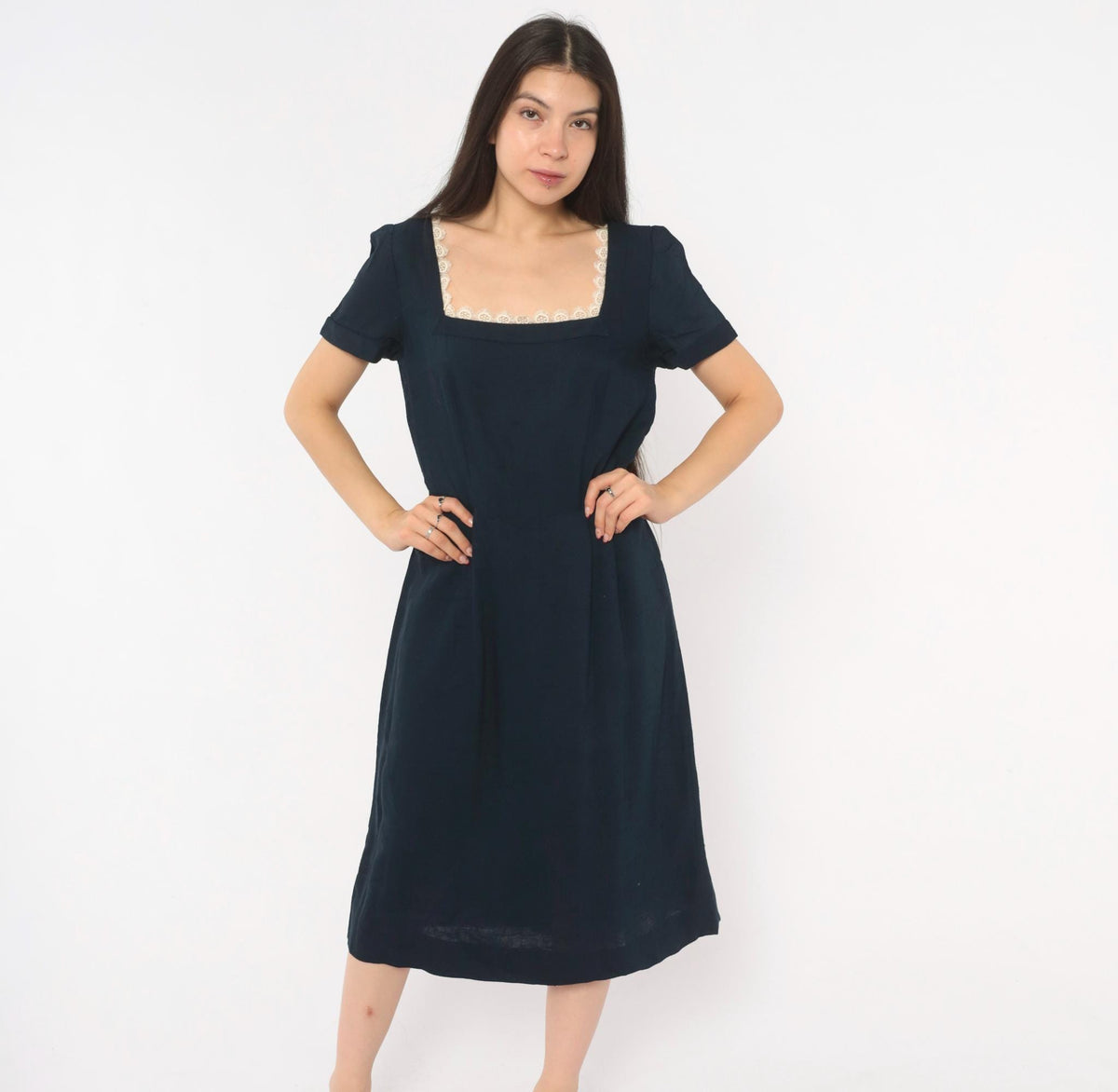 60s Navy Dress Square Neck Lace Trim A-Line Short Sleeve Side Zip Medium M