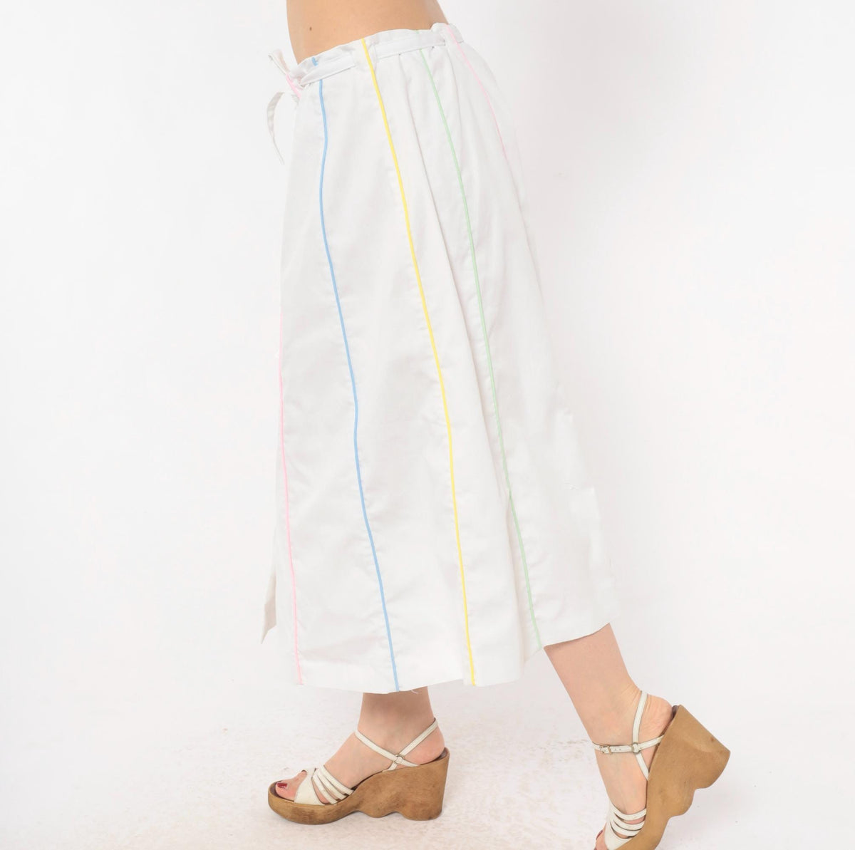 80s Sanibel White Cotton A-Line Midi Skirt Pastel Rainbow Button Front Medium