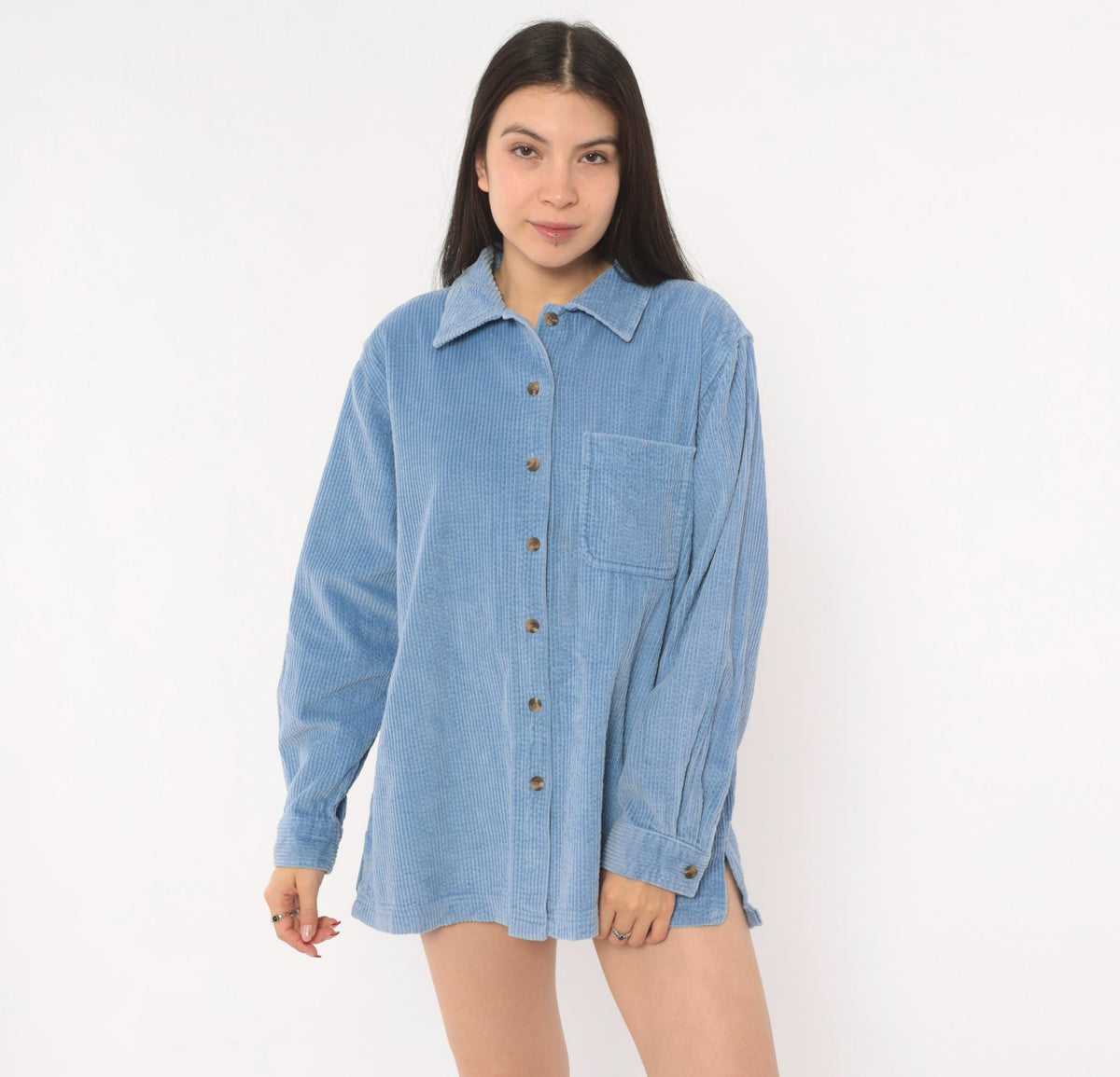 90s L.L.Bean Corduroy Button-Front Shirt Sky Blue Cotton Medium M