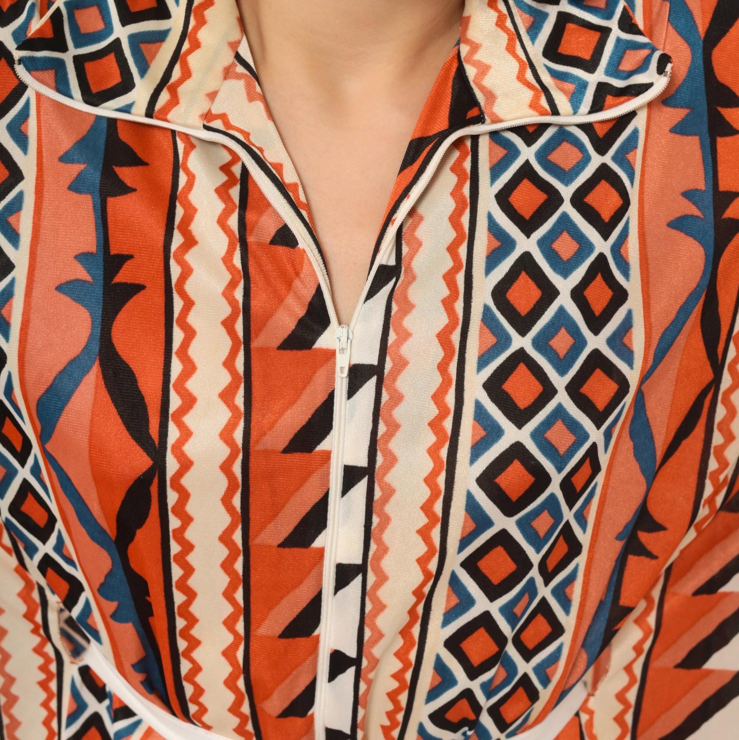 70s Le Voys Aztec Caftan Maxi Dress Orange Cream Blue Geometric Tribal Stripe One Size