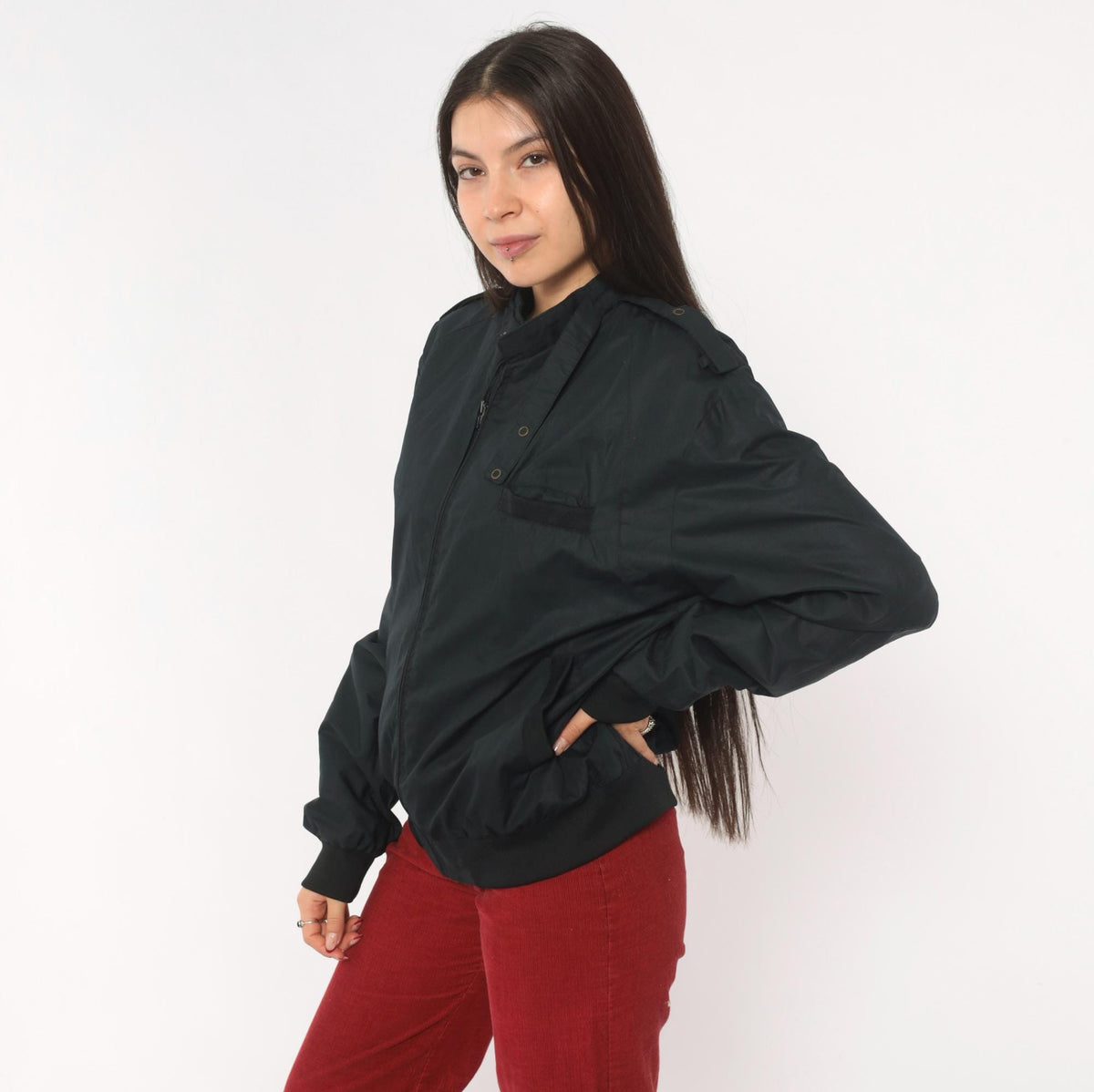 90s Black Bomber Jacket Zip Front Epaulette Military Windbreaker Medium
