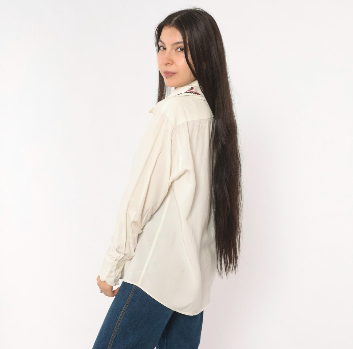 80s Bellows Brut Cream Western Blouse Red Black Embroidered Collar Medium M
