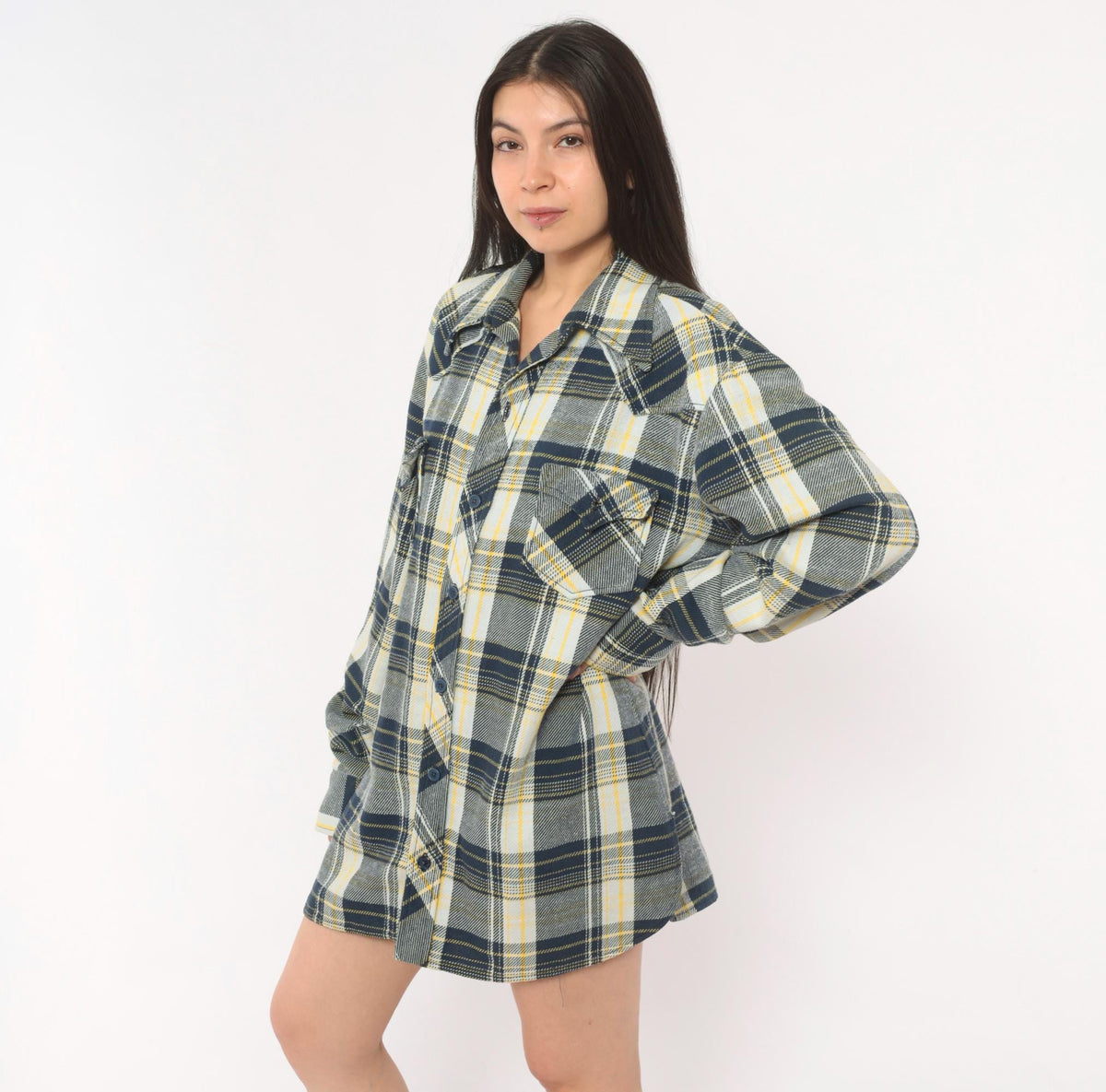 80s Navy Yellow Plaid Flannel Shirt Cotton Button Front Extra Large