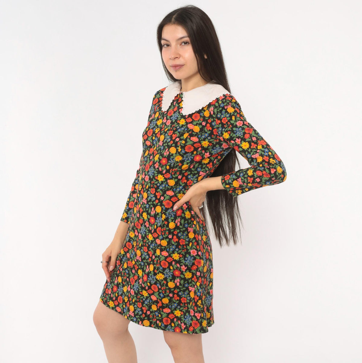 60s Black Floral Peter Pan Collar Shift Dress Wildflower Print Small