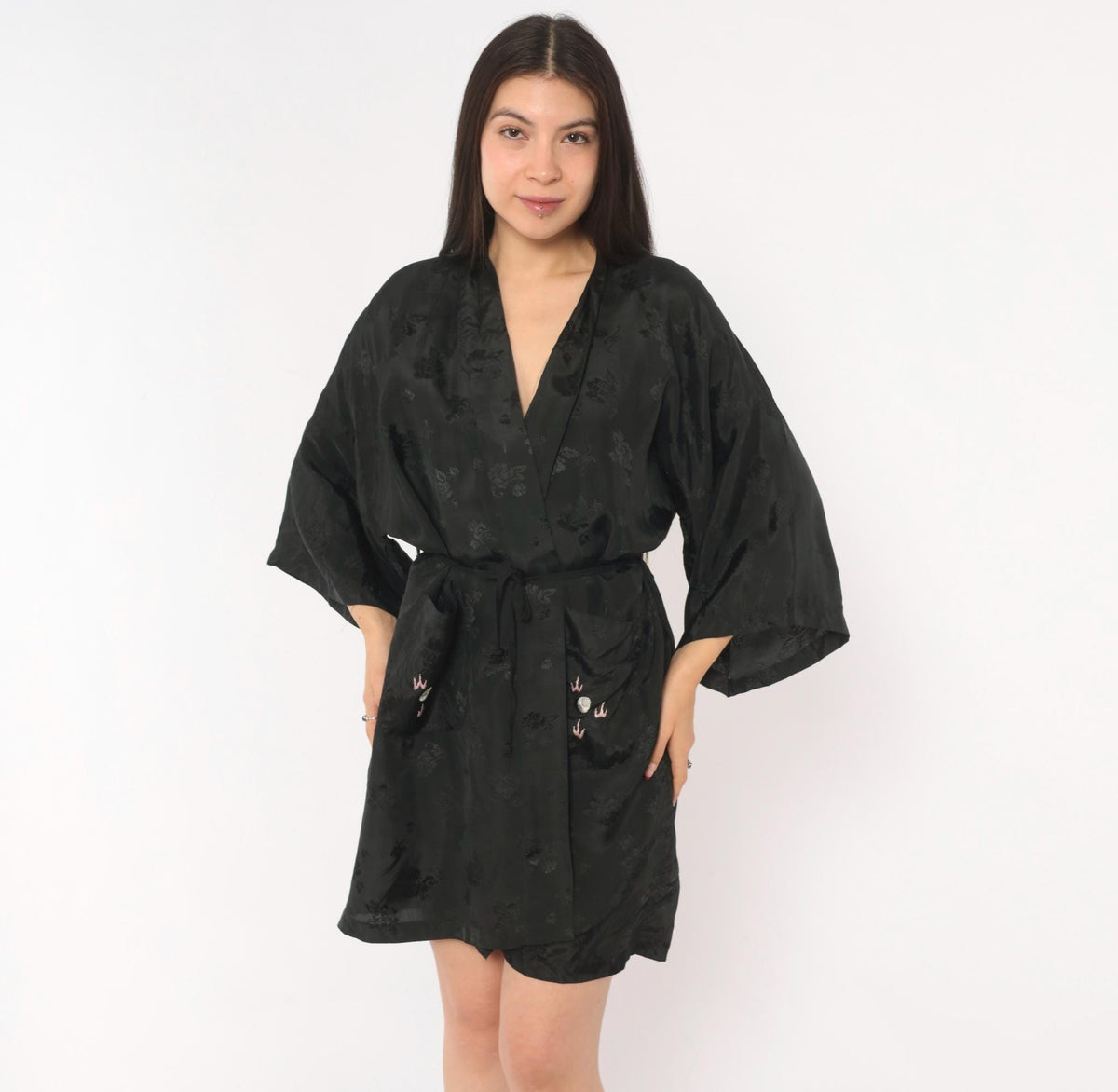 90s Golden Bee Black Satin Kimono Robe Dragon Embroidered Medium M