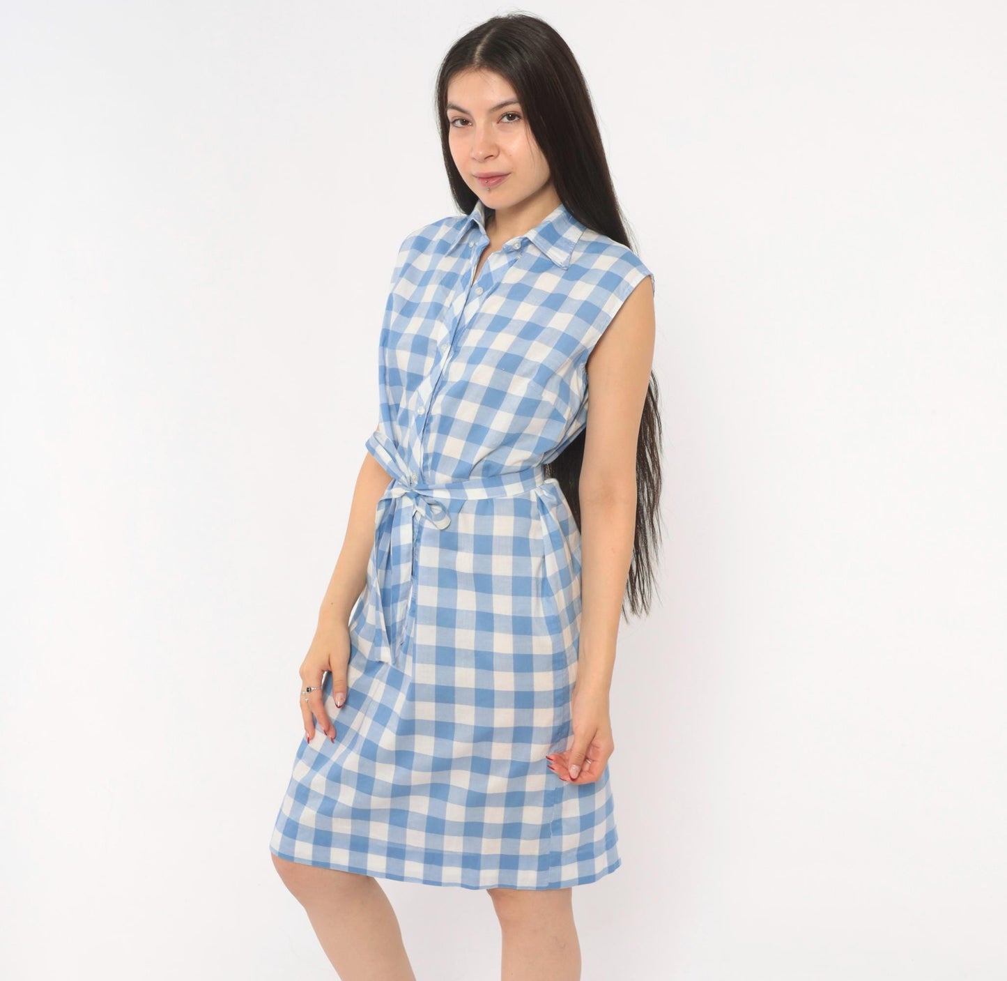 60s Laura Mae Life Gingham Shirt Dress Blue White Check Knee-Length Cotton Medium M