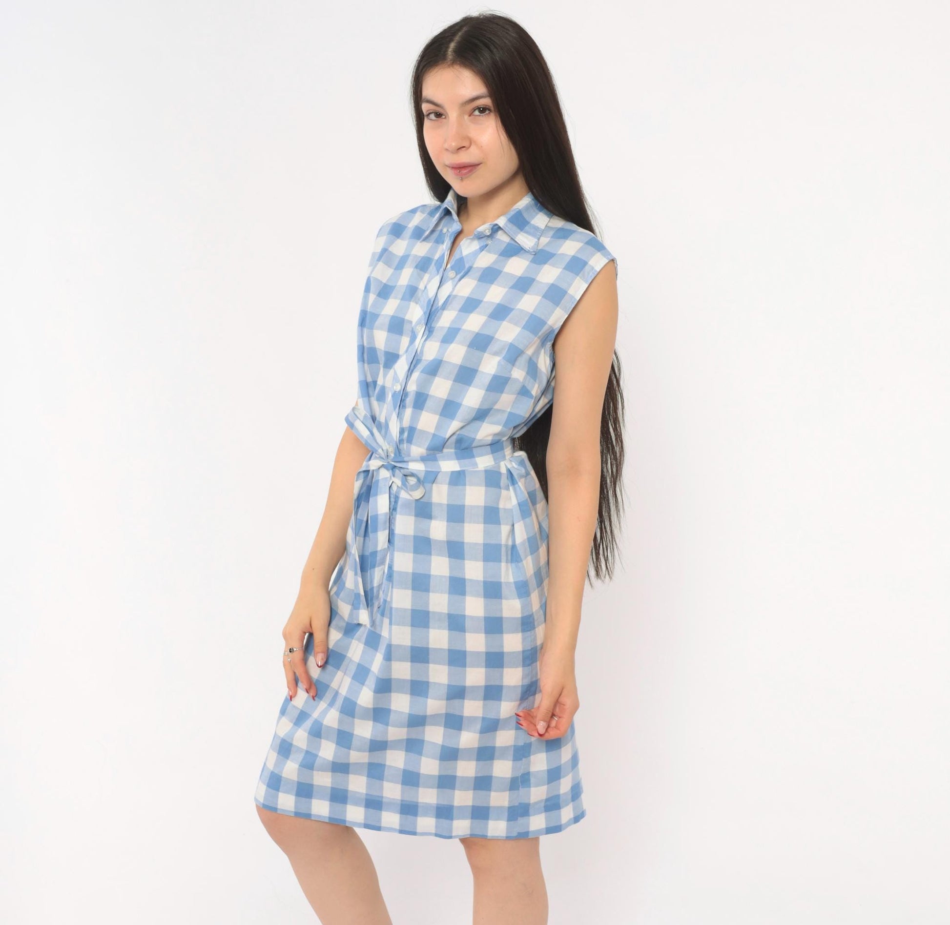 60s Laura Mae Life Gingham Shirt Dress Blue White Check Knee-Length Cotton Medium M