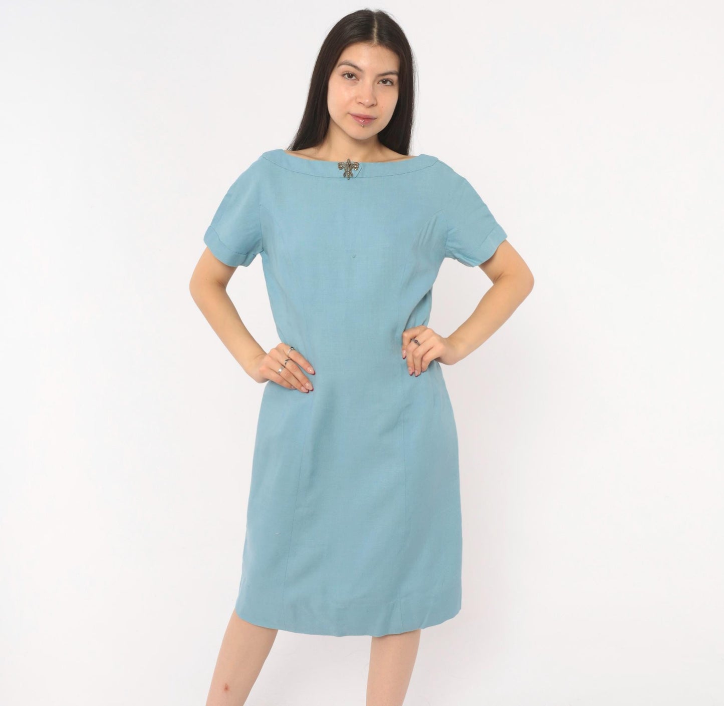 60s Mod Shift Dress Wool Boat Neck Blue Silver Brooch Large L