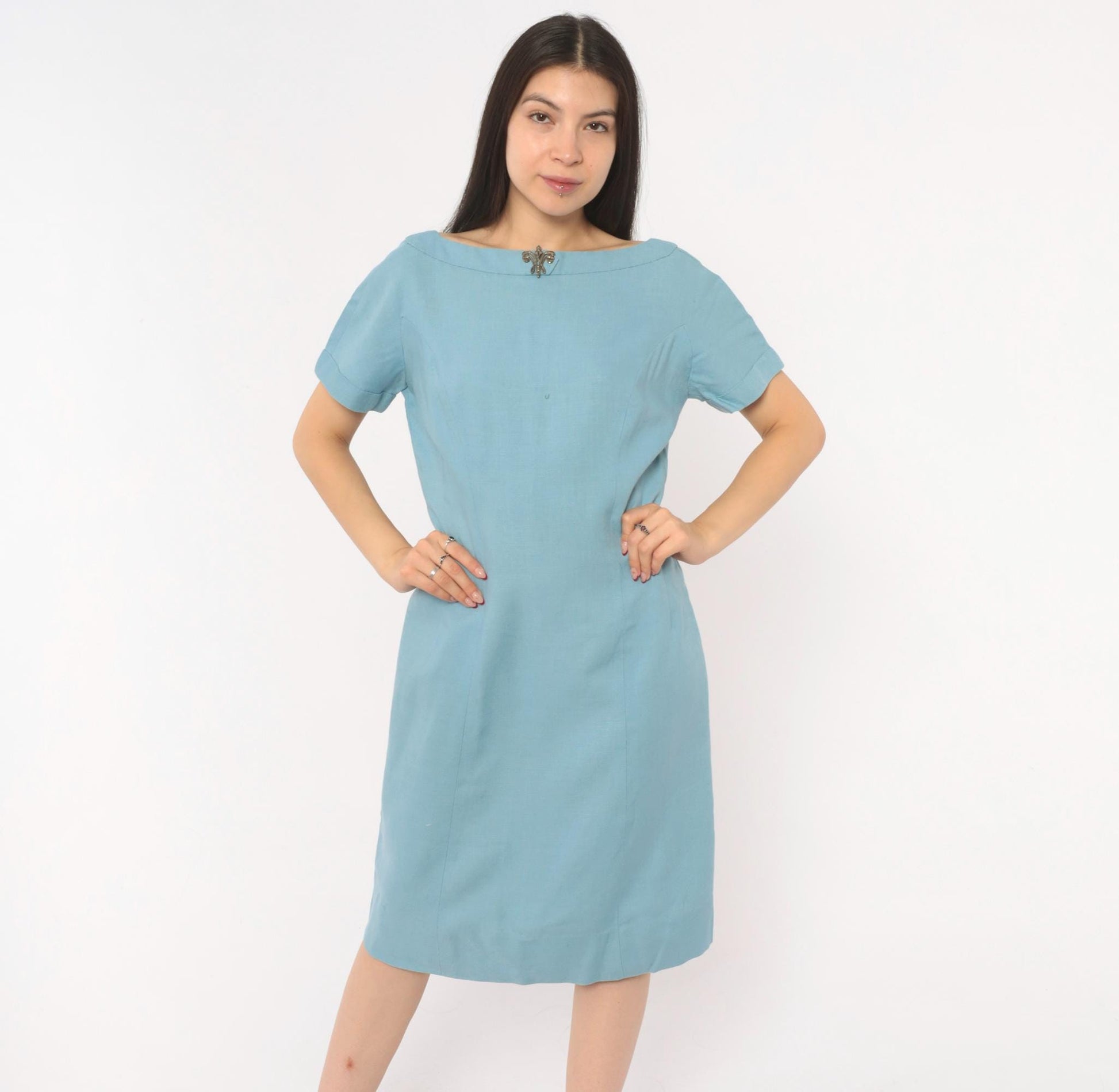60s Mod Shift Dress Wool Boat Neck Blue Silver Brooch Large L
